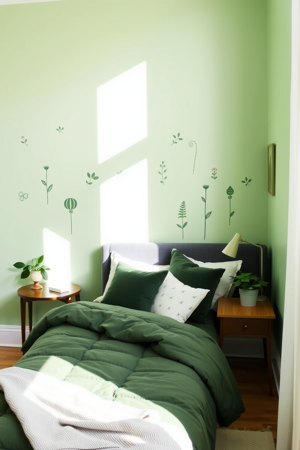 A serene green bedroom filled with natural light. The walls are adorned with whimsical botanical wall decals that add a playful touch to the space. The bed features a plush green comforter and an array of coordinating pillows. A wooden nightstand beside the bed holds a small potted plant and a stylish lamp, enhancing the room's tranquil atmosphere.