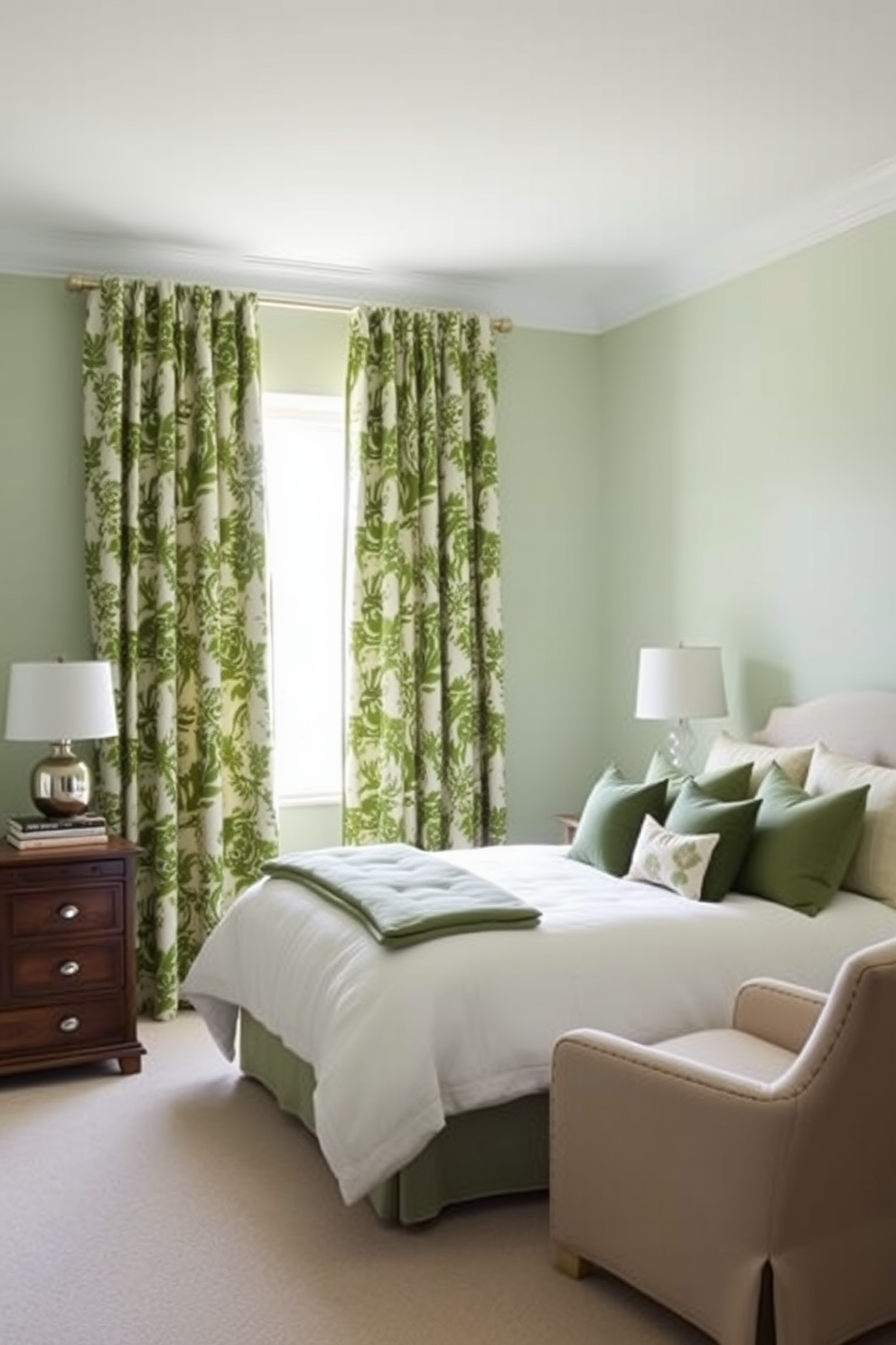 A serene bedroom setting featuring green and white floral patterned curtains that gently frame a large window, allowing soft natural light to filter in. The walls are painted in a calming shade of pale green, complemented by a plush white bedspread adorned with accent pillows in various shades of green. The room includes a stylish wooden nightstand on one side of the bed, topped with a sleek lamp and a small stack of books. A cozy reading nook is created in the corner with a comfortable armchair upholstered in a light fabric, inviting relaxation and tranquility.