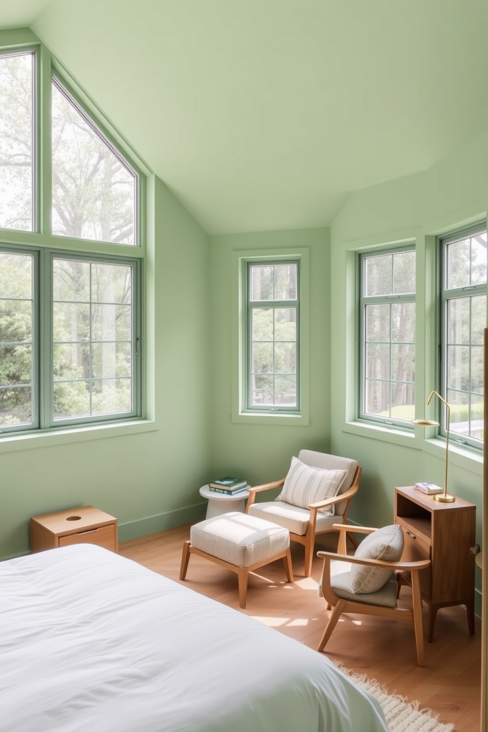 A serene green bedroom featuring light green walls that create a calming atmosphere. The room includes a low-profile bed with a simple white duvet and natural wood accents throughout the furniture. Large windows allow ample natural light to flood the space, enhancing the airy feel. A cozy reading nook with a plush chair and a small side table is positioned in one corner, inviting relaxation.