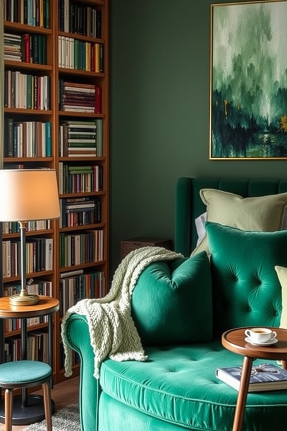 Cozy reading nook with green accents. A plush armchair in deep emerald fabric is positioned beside a tall bookshelf filled with an array of books. A soft knitted throw blanket drapes over the armchair, complemented by a small wooden side table holding a steaming cup of tea. The nook is illuminated by a vintage floor lamp with a warm glow, creating an inviting atmosphere. Green Bedroom Design Ideas. The bedroom features a king-sized bed with a tufted headboard upholstered in a sage green fabric. Accent pillows in varying shades of green add texture, while a large abstract painting in greens and golds hangs above the bed, tying the room together.