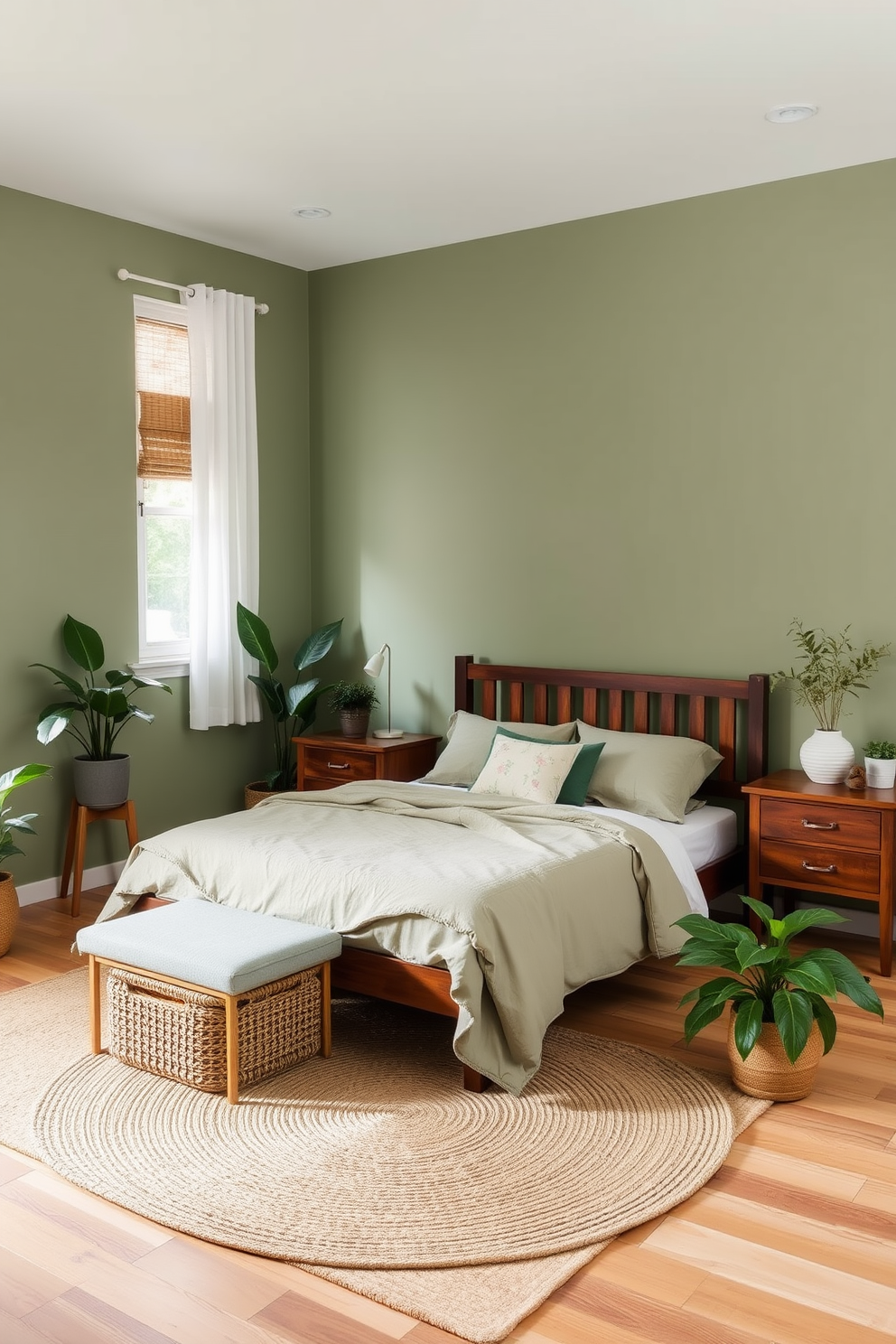 A serene bedroom atmosphere is created with a palette of green and wood tones. The walls are painted in a soft sage green, complementing the rich wooden bed frame and nightstands. Lush greenery is incorporated through potted plants placed strategically around the room. A cozy area rug in natural fibers adds warmth to the wooden floor, enhancing the overall natural feel.