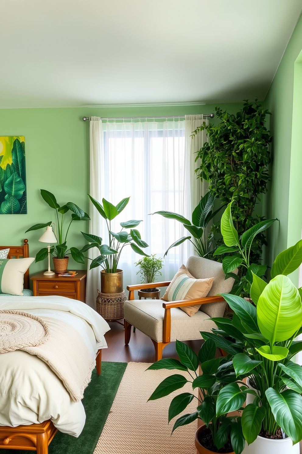 A serene green bedroom infused with nature. The walls are adorned with vibrant green artwork that complements the soft, neutral bedding and wooden furniture. A cozy reading nook is created by a plush armchair positioned near a window with sheer curtains. Lush indoor plants are placed throughout the room to enhance the tranquil atmosphere.