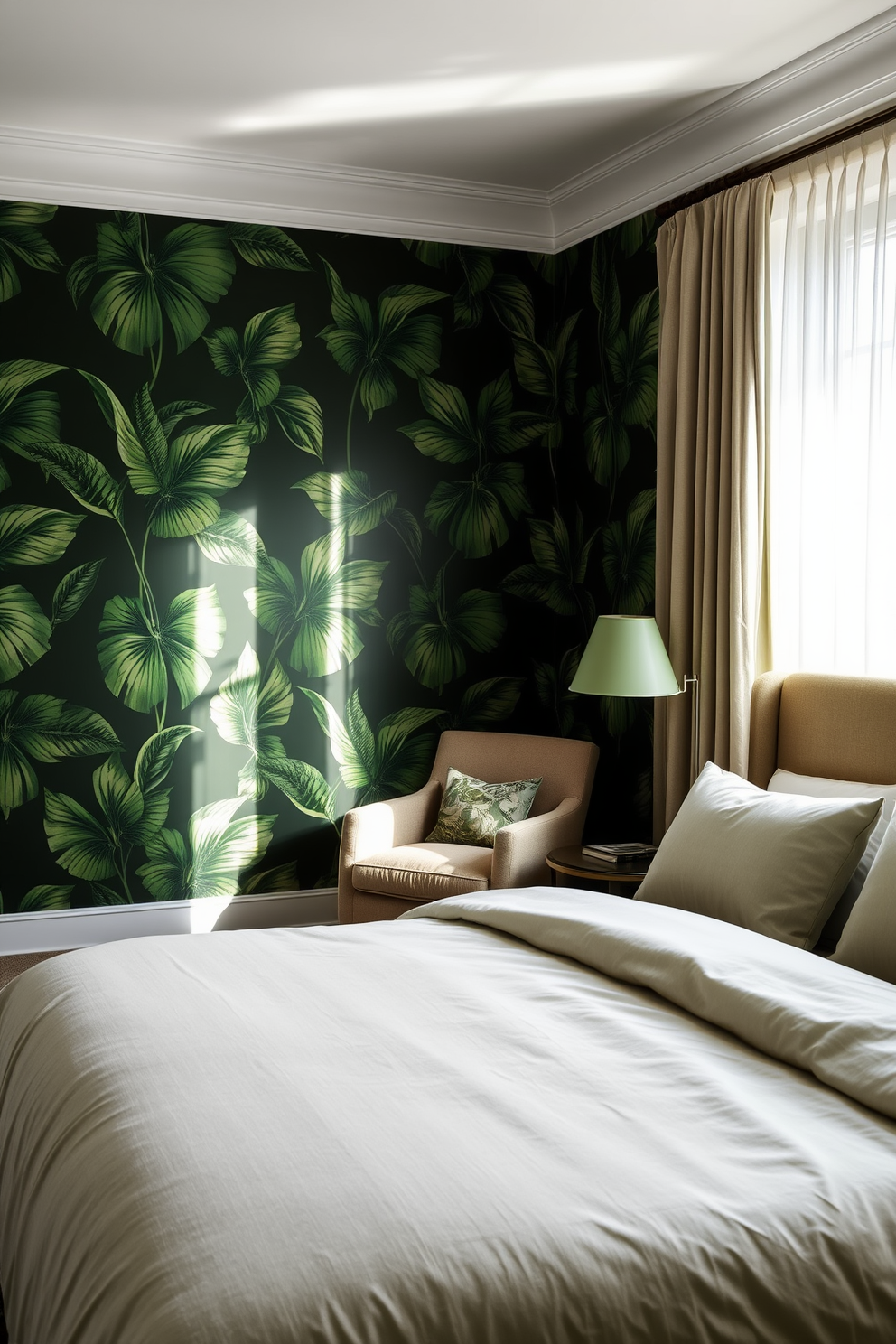 A serene green bedroom featuring lush botanical prints on a dark green backdrop. The walls are adorned with large, vibrant leaf patterns that create a calming atmosphere, while the bedding is a soft, neutral shade to balance the bold prints. In one corner, a stylish armchair upholstered in a complementary color invites relaxation. Natural light streams through sheer curtains, enhancing the room's tranquil vibe and highlighting the rich textures of the decor.