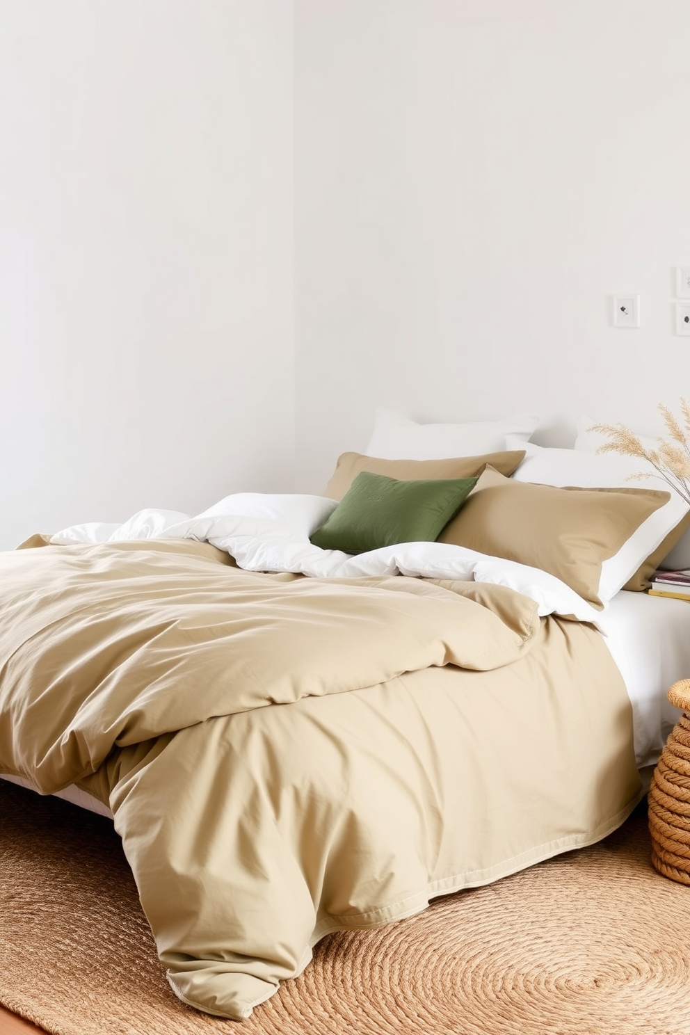 A serene bedroom featuring muted olive green bedding layered with natural textures such as linen and cotton. The walls are adorned with soft white accents, and a woven jute rug adds warmth to the space.