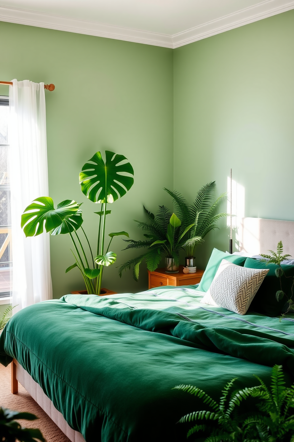 A serene green bedroom filled with layered greens from various plant species creating a tranquil oasis. The walls are painted in a soft sage green, complemented by a plush emerald green bedspread and decorative pillows. A large leafy monstera plant stands in one corner, while smaller ferns and succulents adorn the nightstands. Natural light filters through sheer white curtains, enhancing the calming atmosphere of the space.