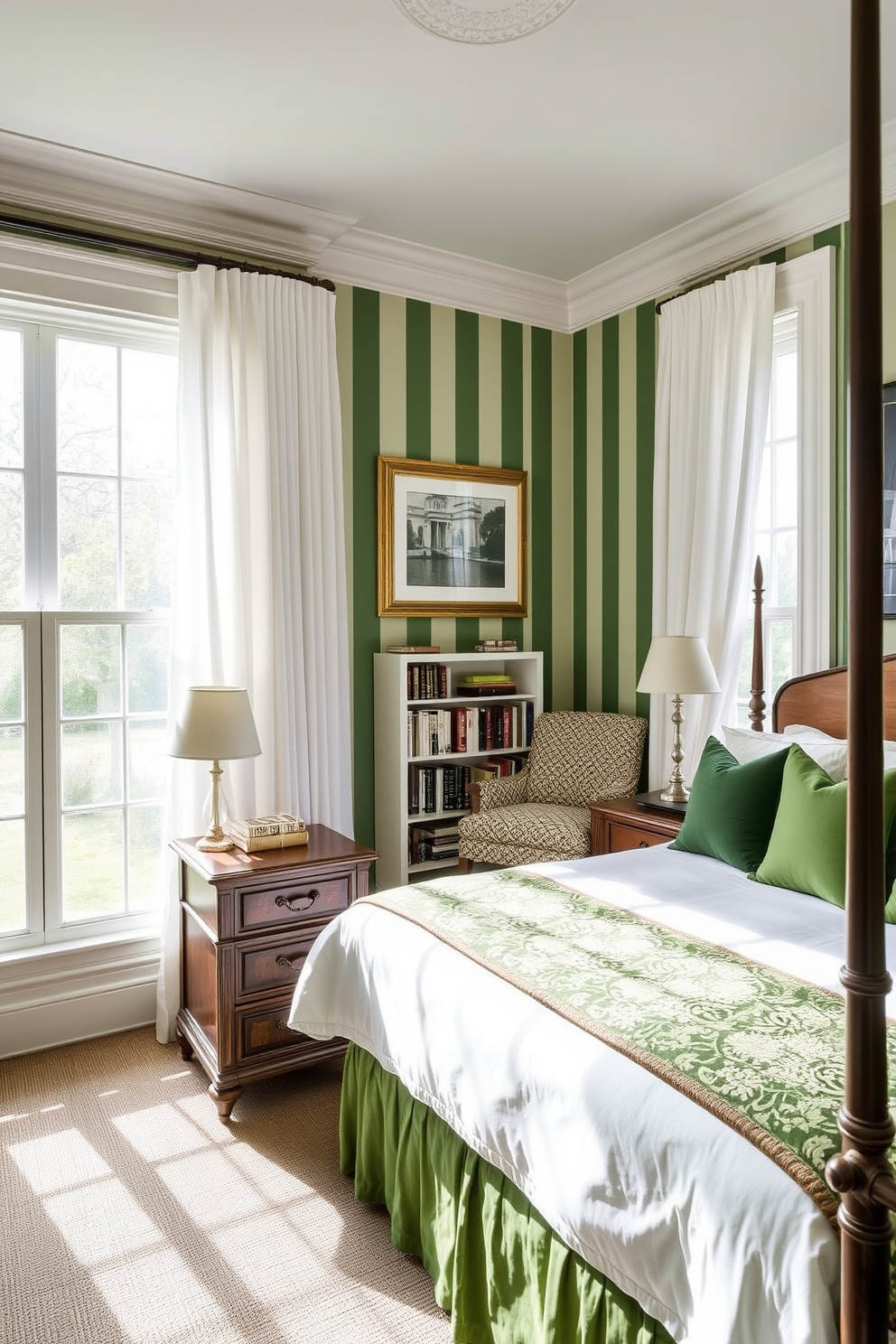 A serene green bedroom featuring classic green and white striped wallpaper that adds a touch of elegance. The room includes a plush white bed with green accent pillows, complemented by a vintage wooden nightstand on one side. Natural light floods the space through large windows adorned with sheer white curtains. A cozy reading nook is created with a comfortable armchair and a small bookshelf filled with favorite novels.