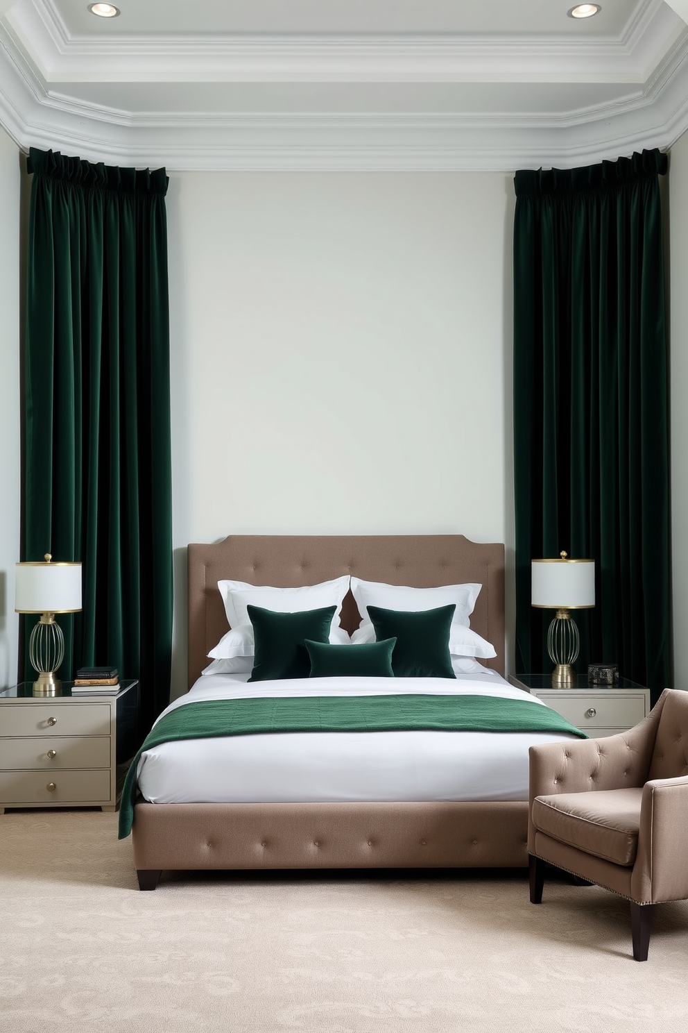 A serene bedroom setting featuring dark green velvet curtains that cascade elegantly to the floor. The walls are painted in a soft white hue, complementing the rich tones of the curtains and creating a tranquil atmosphere. A plush king-sized bed is dressed in crisp white linens with dark green accent pillows. A stylish nightstand on either side holds modern lamps, while a cozy armchair in the corner invites relaxation.