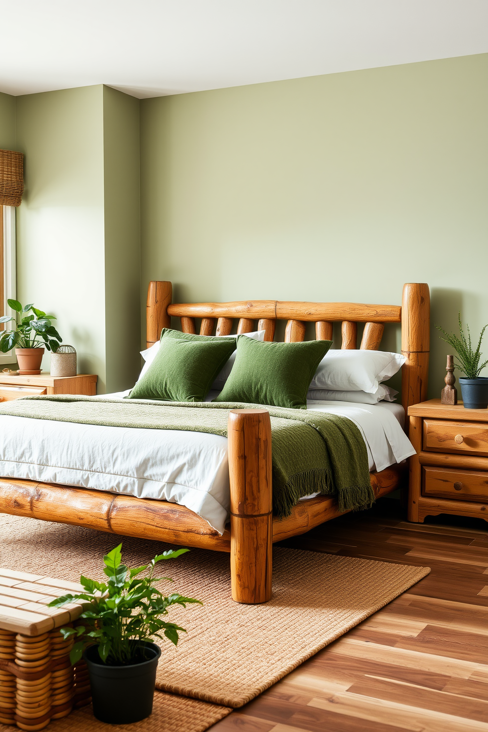 Rustic wooden furniture fills the room, featuring a sturdy bed frame and matching nightstands. Green accents are incorporated through plush cushions and a cozy throw blanket, creating a warm and inviting atmosphere. The walls are painted in a soft sage green, harmonizing with the natural wood tones. A woven area rug adds texture underfoot, while potted plants bring a touch of nature into the space.