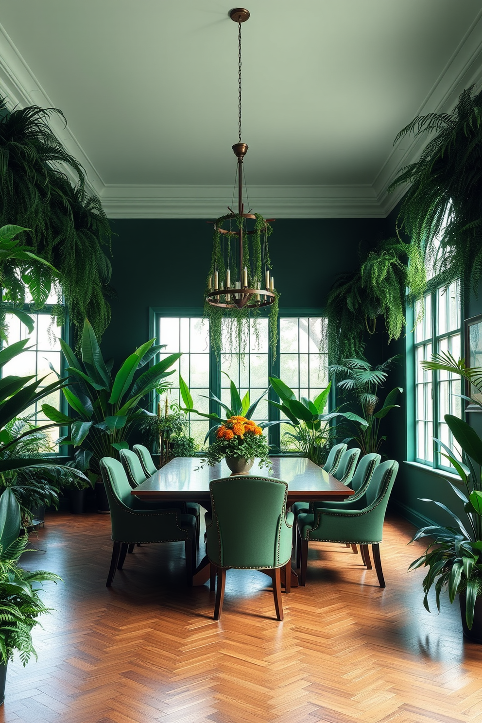 A green dining room filled with lush greenery creates a refreshing atmosphere. Natural wood accents on the dining table and chairs enhance the organic feel of the space. Large potted plants are strategically placed around the room, adding life and vibrancy. The walls are painted in a soft green hue, complementing the rich tones of the wooden furniture.