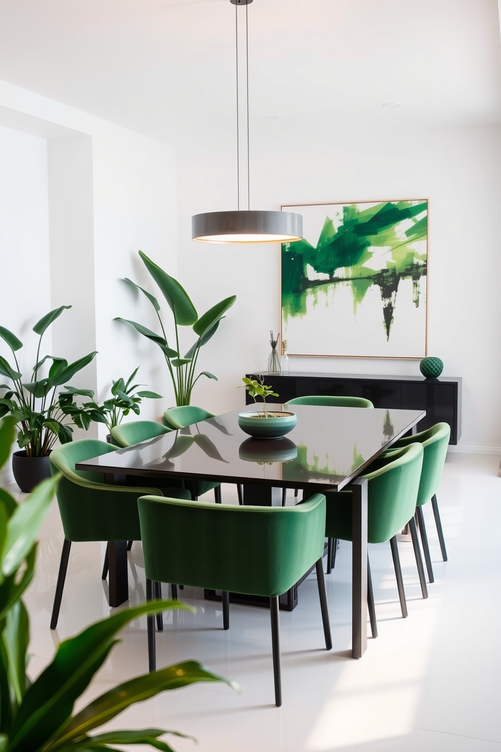 Sleek modern furniture fills the dining room, featuring a long rectangular table with a glossy finish and minimalist chairs upholstered in a rich green fabric. The walls are painted in a soft white, allowing the green accents to pop, while a statement pendant light hangs above the table, casting a warm glow over the space. Lush green plants are strategically placed around the room, adding a touch of nature and vibrancy to the modern aesthetic. A large abstract artwork with hints of green is displayed on one wall, complementing the overall design and creating a focal point in the dining area.