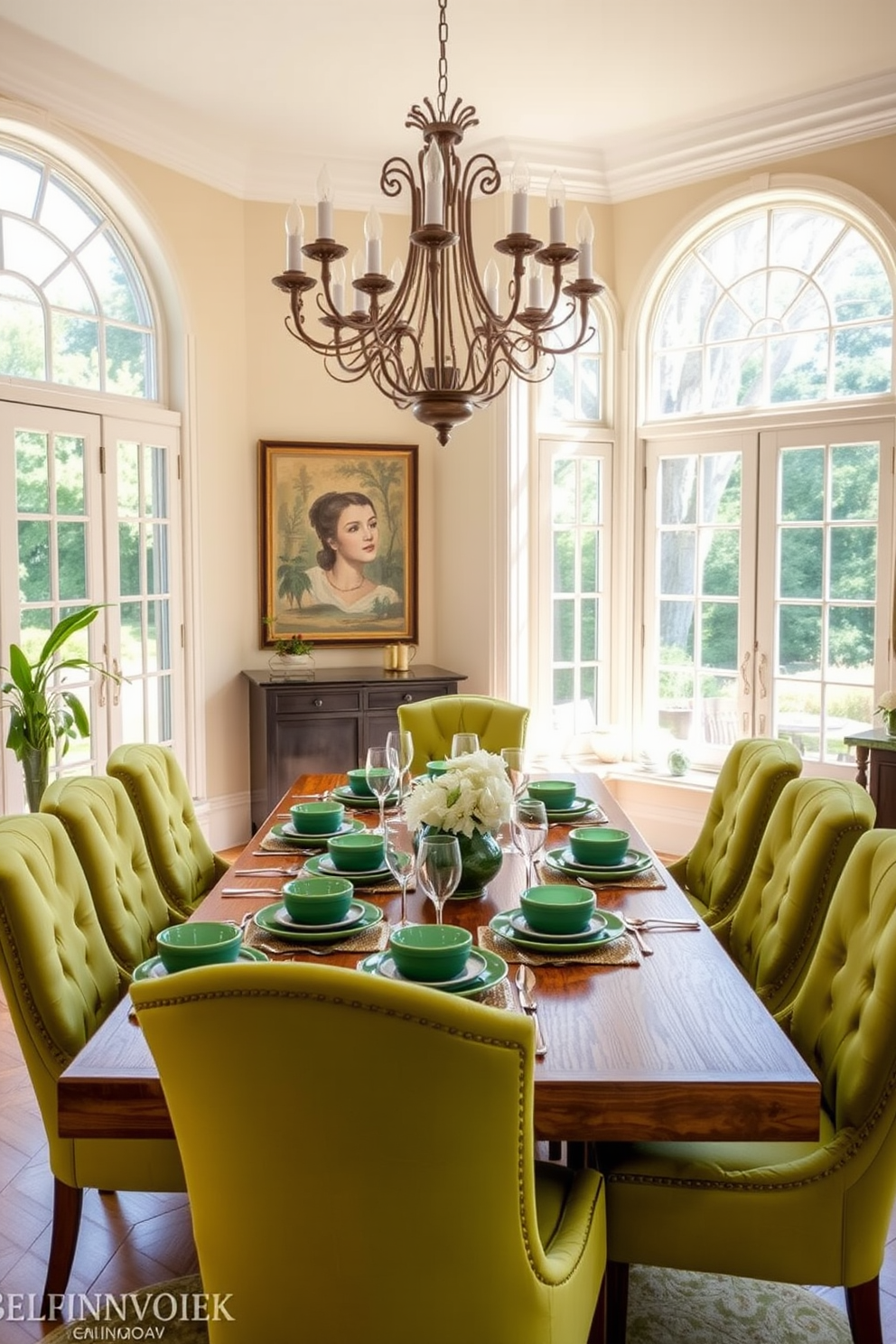 A vibrant dining room featuring a wooden table set with green ceramic dishes. The walls are painted in a soft cream color, and large windows allow natural light to flood the space, highlighting the elegant table setting. Surrounding the table are plush upholstered chairs in a complementary shade of green. A statement chandelier hangs above, casting a warm glow over the inviting dining area.