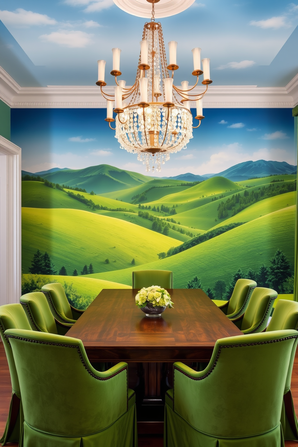 Artistic mural featuring green landscapes. The mural depicts rolling hills with lush greenery and a clear blue sky, creating a serene atmosphere. Green dining room design ideas. The dining room features a large wooden table surrounded by elegant green upholstered chairs, complemented by a statement chandelier above.