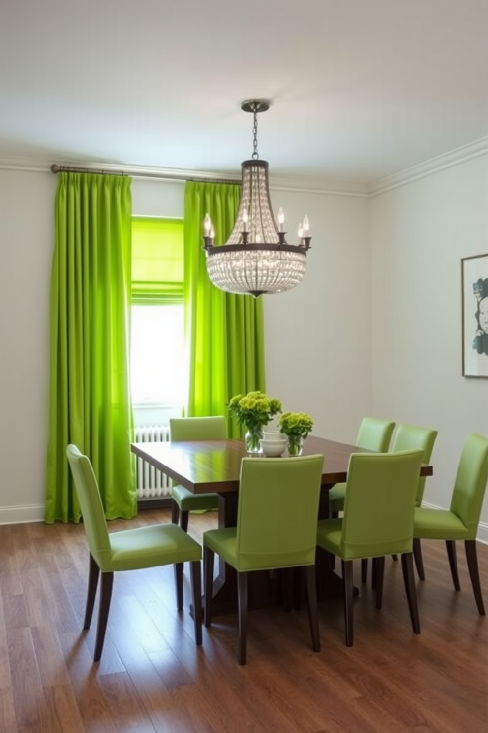 Bright green curtains frame a sunlit window, adding a vibrant touch to the space. The dining room features a sleek wooden table surrounded by upholstered chairs in a complementary shade. A statement chandelier hangs above, casting a warm glow over the scene. The walls are painted in a soft neutral tone, enhancing the freshness of the green accents.