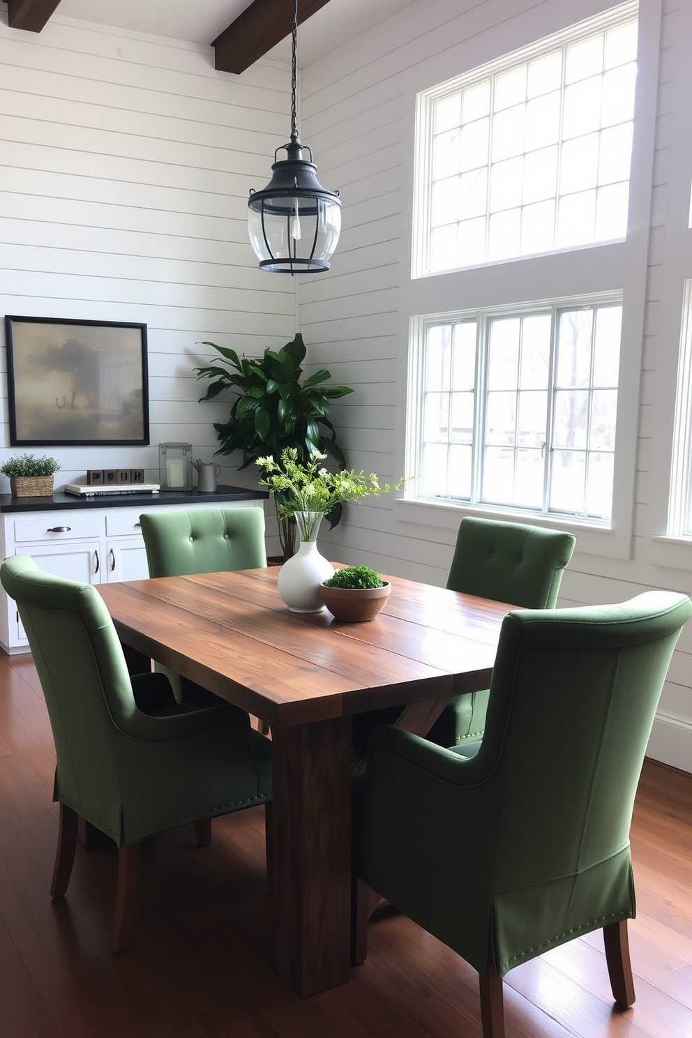 A rustic farmhouse table made of reclaimed wood sits at the center of the room surrounded by green upholstered chairs. The walls are adorned with shiplap paneling painted in a soft white, and large windows allow natural light to flood the space.