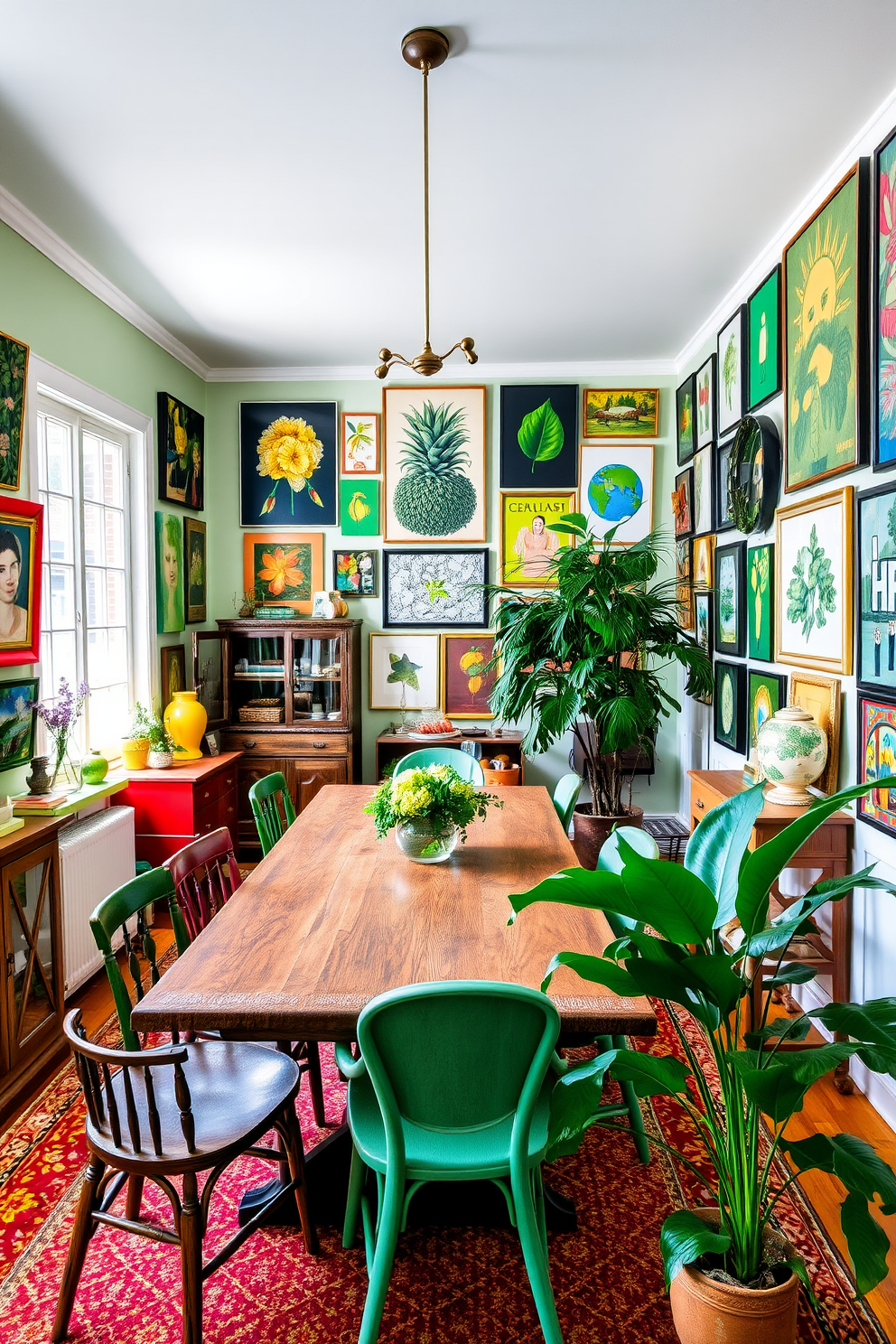 Muted green tones fill the dining room, creating a serene and inviting atmosphere. Large windows allow natural light to flood the space, highlighting the elegant wooden dining table surrounded by plush upholstered chairs. The walls are adorned with soft green wallpaper, enhancing the room's tranquil vibe. A statement chandelier hangs above the table, casting a warm glow during evening meals.