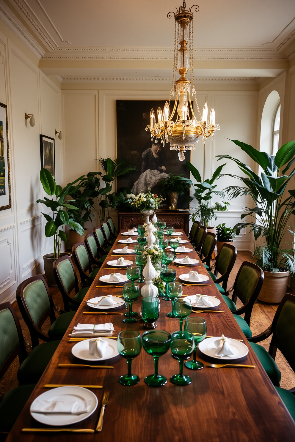 A stylish dining room featuring a long wooden table set for an elegant meal. The table is adorned with green glassware, complemented by white china and gold cutlery, creating a sophisticated atmosphere. The walls are painted in a soft cream color, enhancing the vibrancy of the green accents. A large chandelier hangs above the table, casting a warm glow over the space and highlighting the lush greenery from potted plants placed around the room.