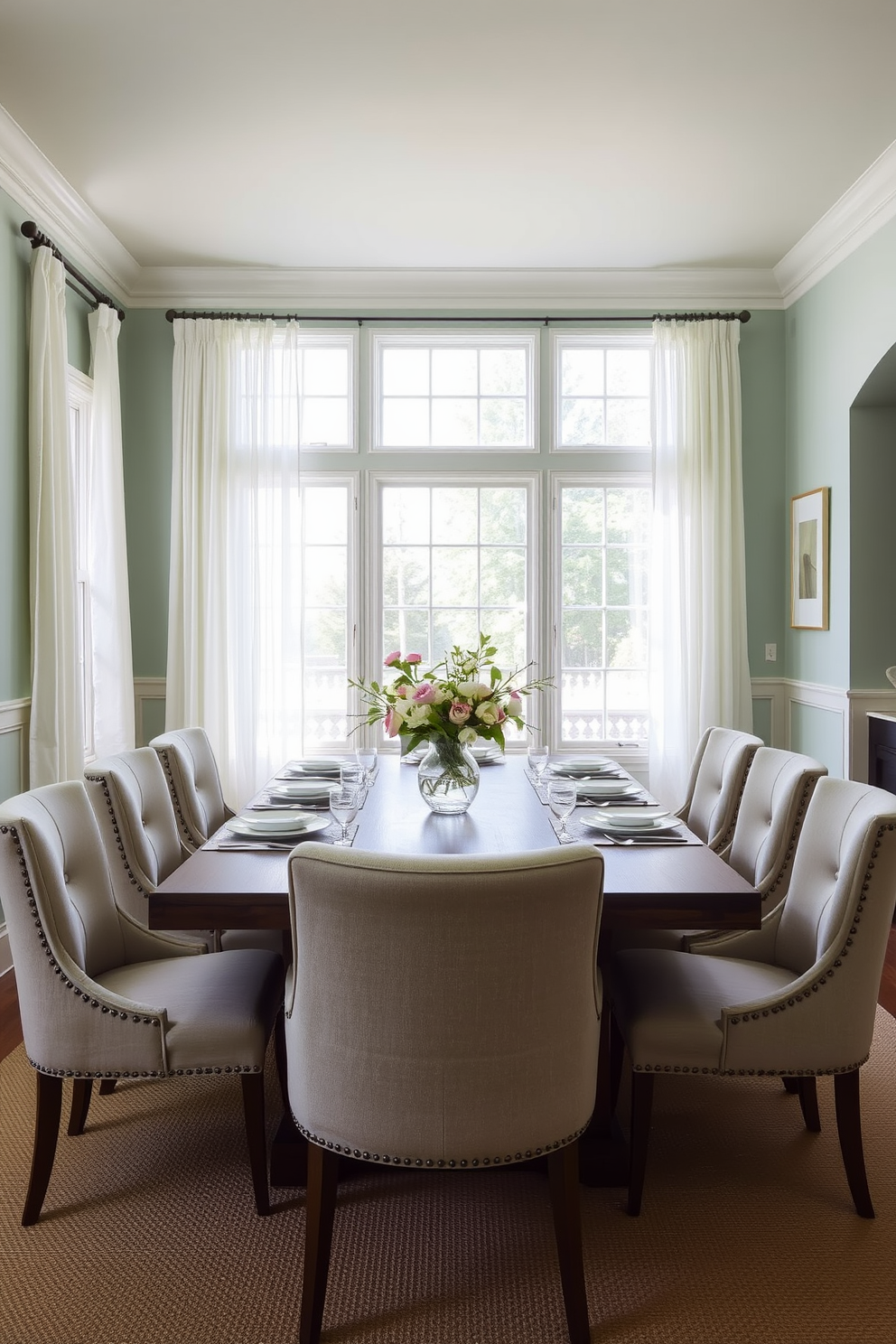 A stylish dining room featuring a green and white striped table runner elegantly draped over a dark wooden table. Surrounding the table are upholstered chairs in a complementary shade of green, enhancing the room's inviting atmosphere. The walls are painted in a soft, neutral tone, allowing the vibrant colors of the decor to stand out. A large centerpiece of fresh flowers in varying shades of green and white adorns the table, adding a touch of nature to the space.