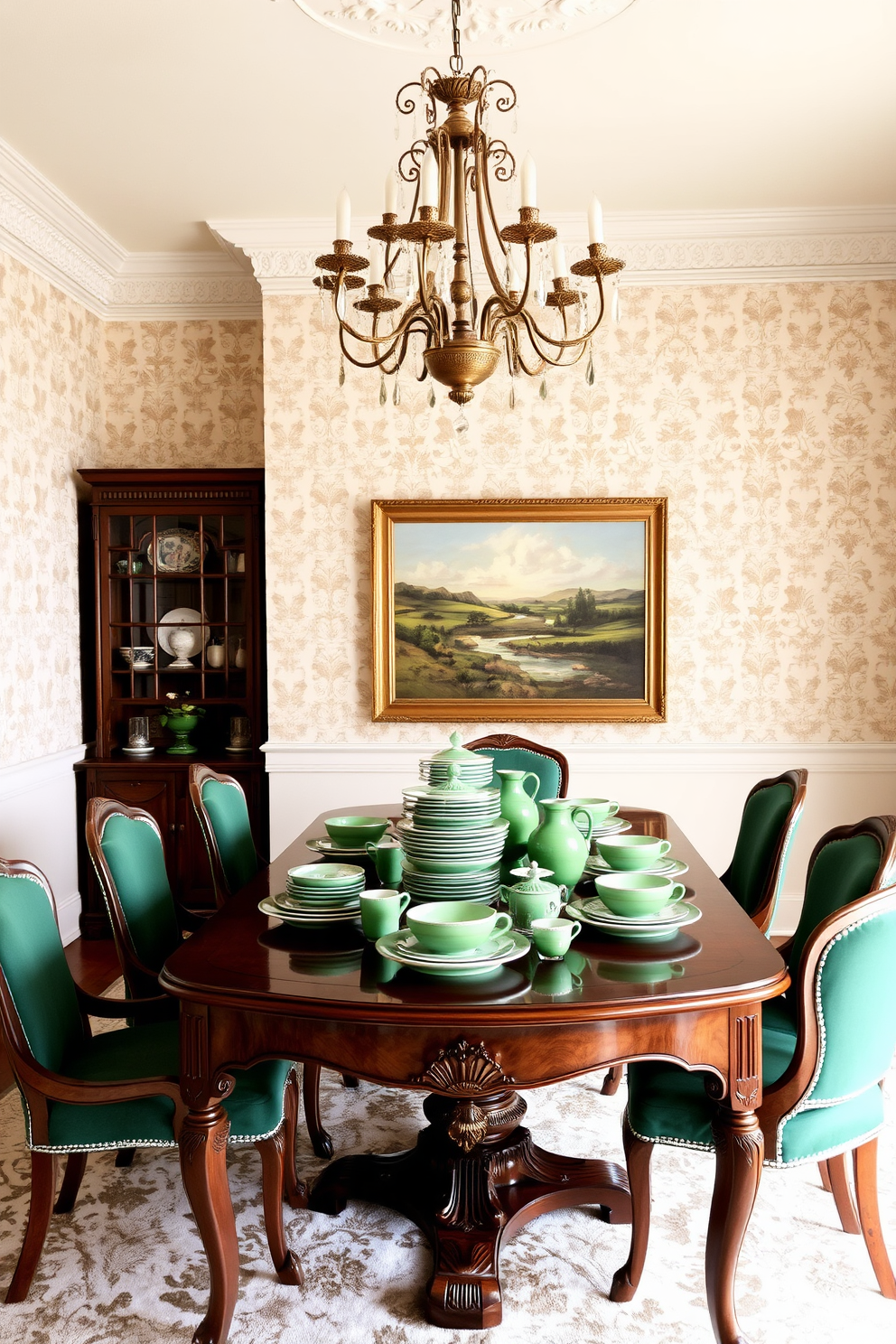 A vintage green china set is elegantly displayed on a polished wooden dining table. The walls are adorned with soft cream wallpaper, and a large chandelier hangs from the ceiling, casting a warm glow over the space. The dining chairs are upholstered in a rich emerald fabric, complementing the china beautifully. A large, framed painting of a serene landscape adds a classic touch to the room, enhancing the overall vintage aesthetic.