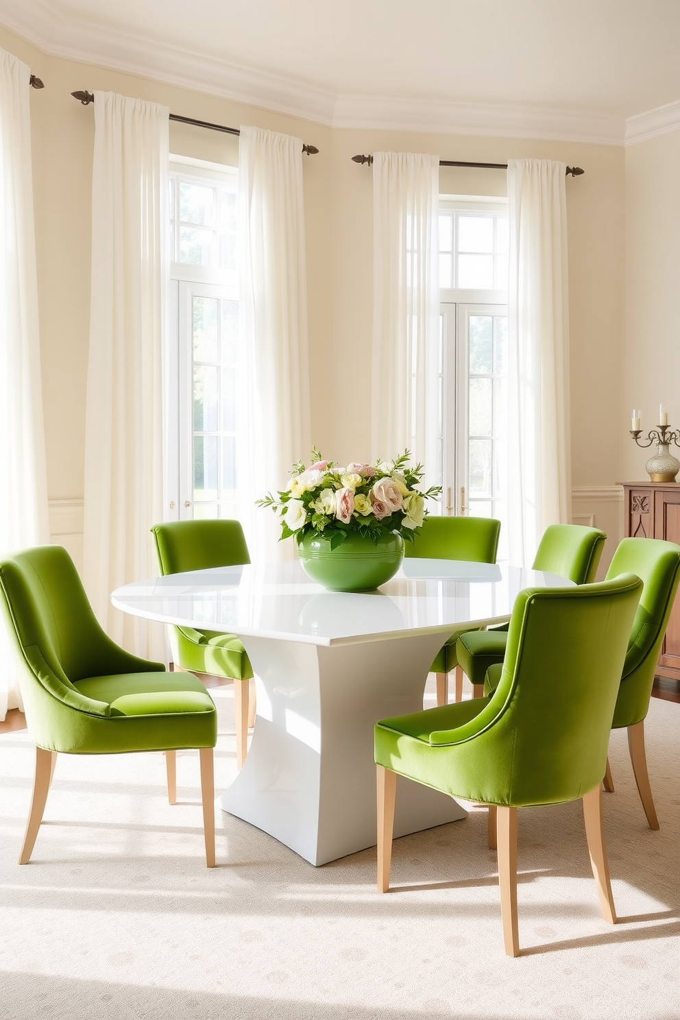 A bright green centerpiece filled with fresh flowers sits on a sleek white dining table. Surrounding the table are elegant green velvet chairs that complement the vibrant centerpiece. The walls of the dining room are painted in a soft cream shade, enhancing the brightness of the space. Natural light floods in through large windows adorned with sheer white curtains, creating a warm and inviting atmosphere.