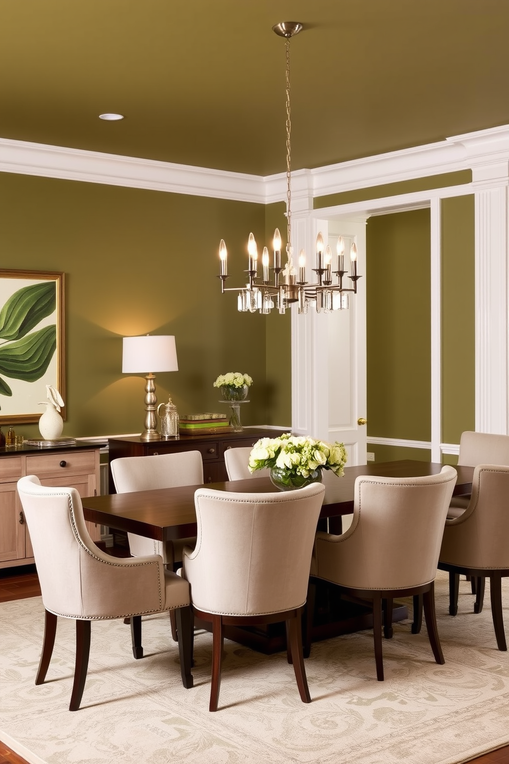 A stylish dining room featuring olive green walls complemented by crisp white trim. The space is adorned with a large wooden dining table surrounded by plush upholstered chairs in neutral tones. A statement chandelier hangs above the table, casting a warm glow over the room. Decorative elements include a sideboard with elegant tableware and a large piece of artwork that enhances the green theme.