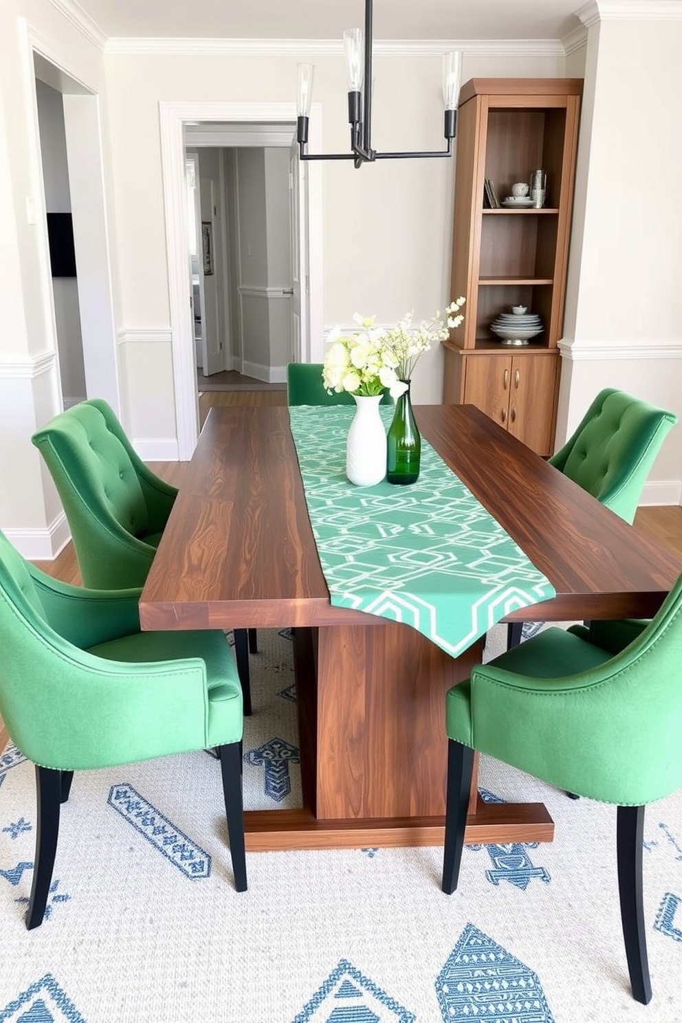 A vintage green china collection is elegantly displayed on open wooden shelves that add warmth to the space. The dining room features a rustic wooden table surrounded by upholstered chairs, creating a cozy and inviting atmosphere.