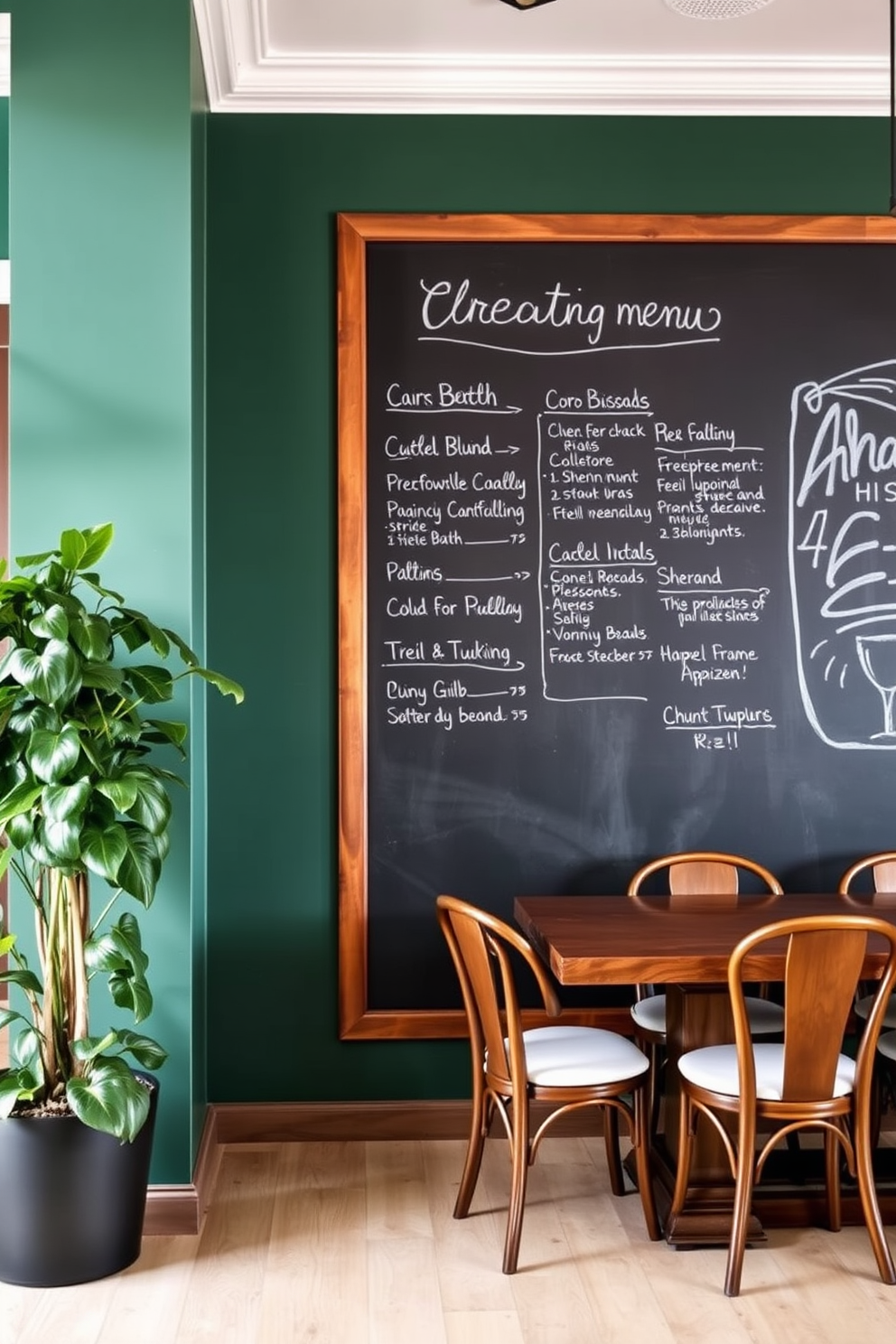 A chalkboard wall serves as a dynamic backdrop for creative menus, inviting guests to engage with the space. The wall is framed by sleek wooden trim, enhancing its modern aesthetic and functionality. In the green dining room, lush greenery complements the earthy tones of the decor. Elegant dining chairs surround a rustic wooden table, creating a warm and inviting atmosphere.