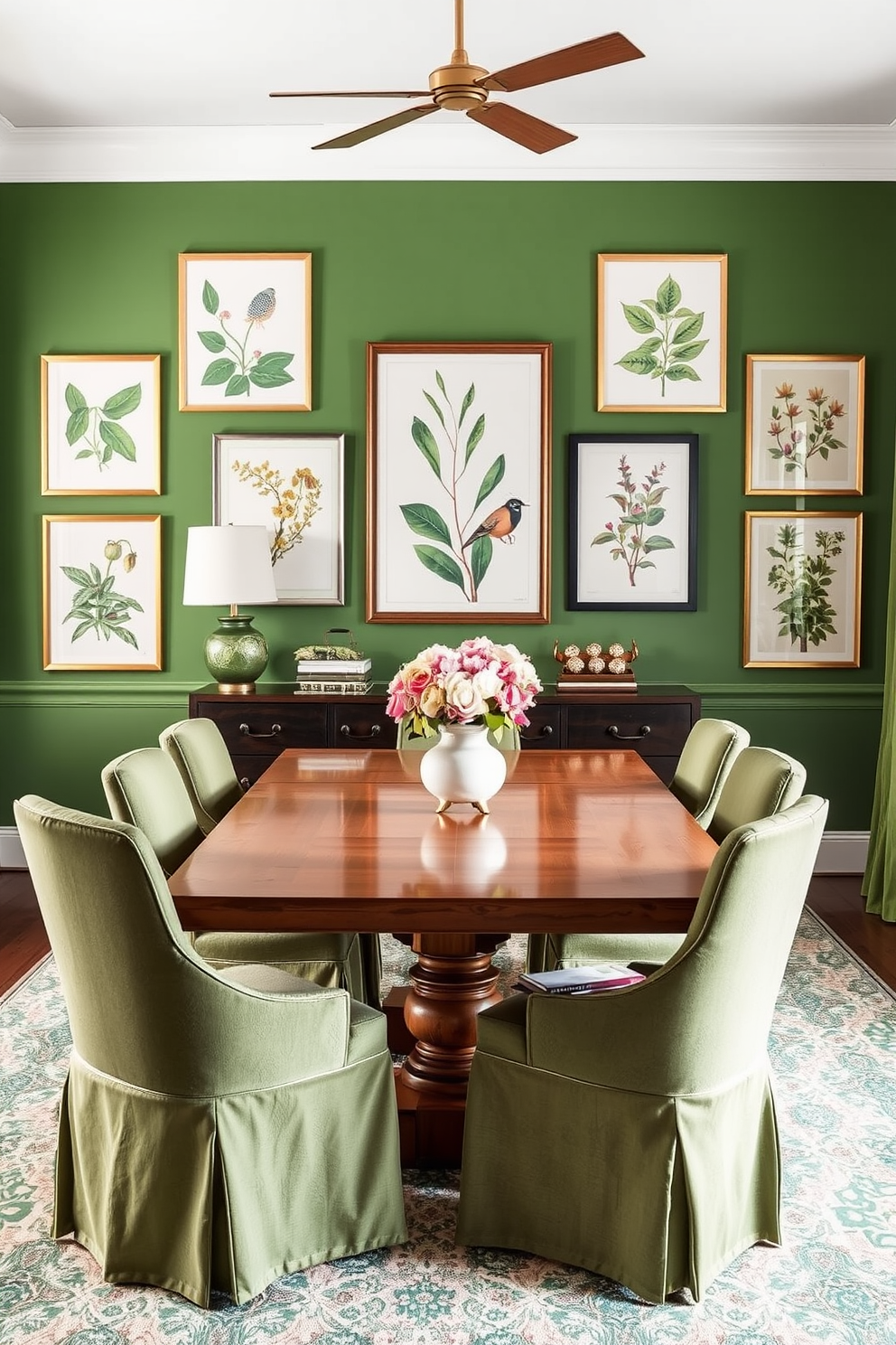 Create a vibrant green dining room featuring an accent wall adorned with botanical prints. The room includes a large wooden dining table surrounded by upholstered chairs that complement the wall art.