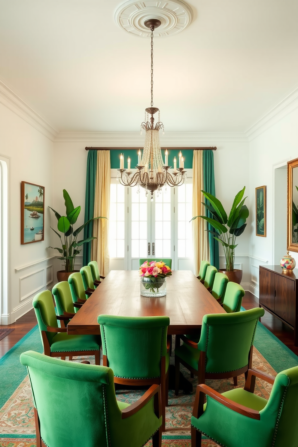 A vibrant dining room featuring a large wooden table surrounded by green upholstered chairs. The walls are painted in a soft white, creating a bright and airy atmosphere that complements the greenery. In the center, a statement chandelier hangs above the table, providing warm lighting for evening meals. Potted plants are placed in the corners, adding a touch of nature and enhancing the overall design.