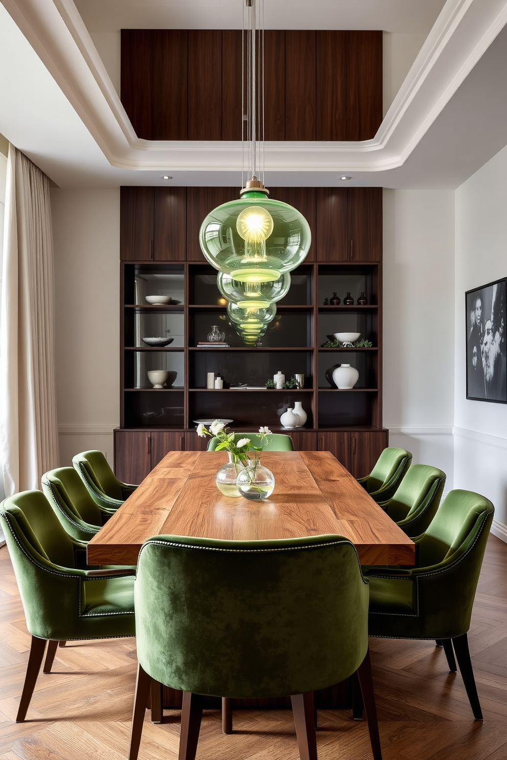 A modern dining room featuring a large wooden table surrounded by elegant green upholstered chairs. Above the table, translucent green pendant lights hang, casting a soft glow over the space.