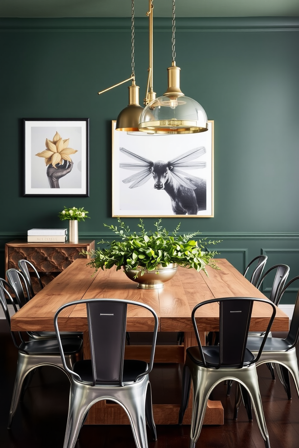 A stylish dining room featuring a blend of brass and silver accents. The walls are adorned with deep green paint, complemented by a large wooden dining table surrounded by mismatched metal chairs. A striking centerpiece of greenery sits atop the table, adding a fresh touch to the space. Elegant pendant lights with mixed metal finishes hang above, casting a warm glow over the room.