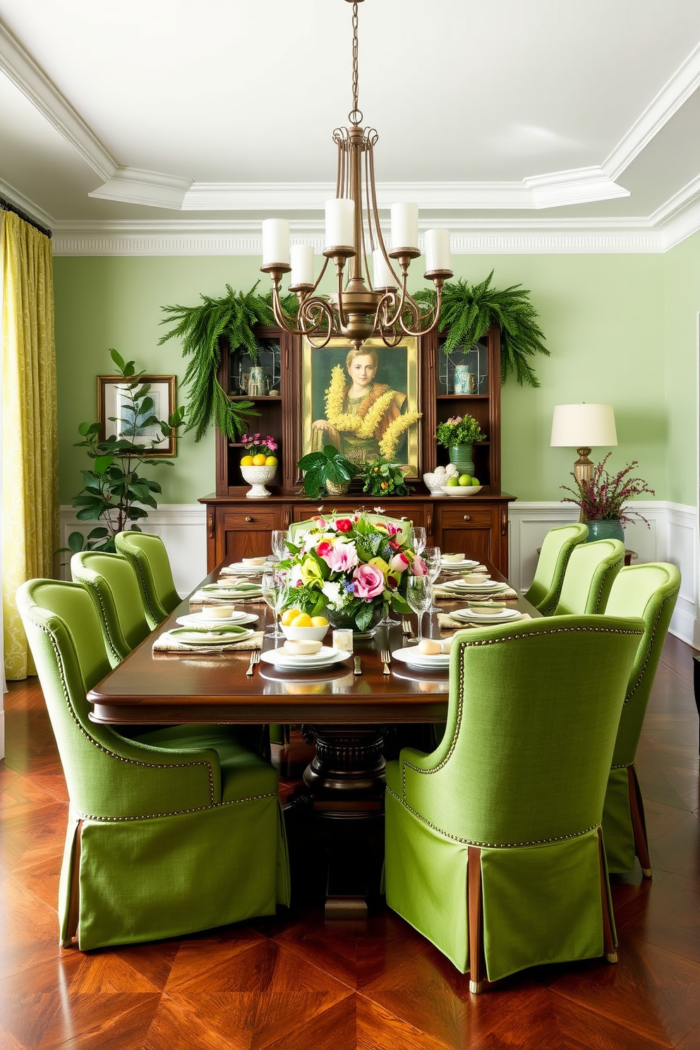 A vibrant dining room featuring a stunning green glassware set arranged elegantly on a polished wooden table. The walls are painted in a soft cream tone, complementing the lush greenery of indoor plants placed strategically around the space. The dining chairs are upholstered in a rich emerald fabric, providing a luxurious contrast to the table setting. A contemporary chandelier hangs above, casting a warm glow over the room and enhancing the inviting atmosphere.