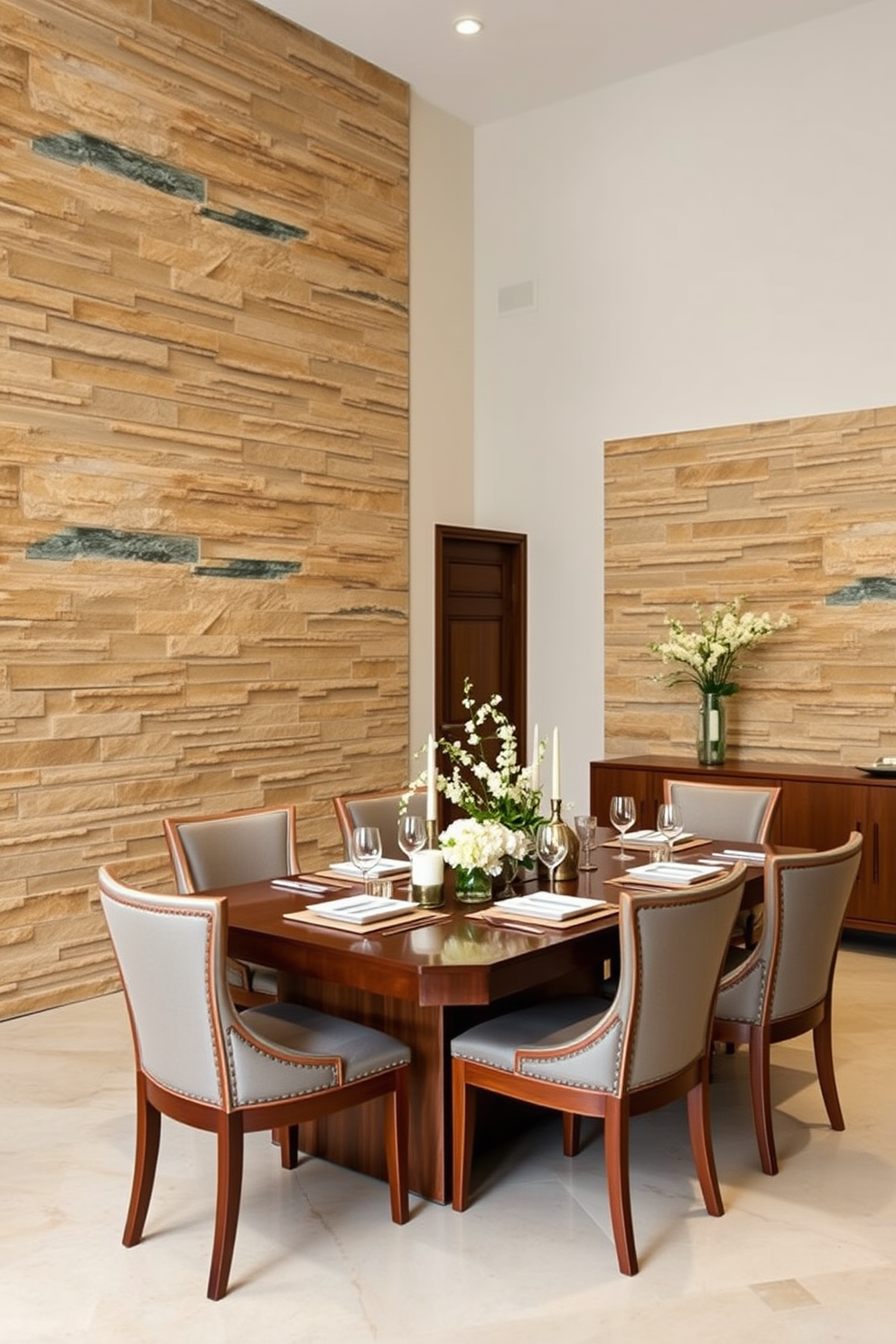 A stylish dining room featuring natural stone accents in green tones. The walls are adorned with textured stone panels, and a large wooden dining table is surrounded by elegant upholstered chairs.