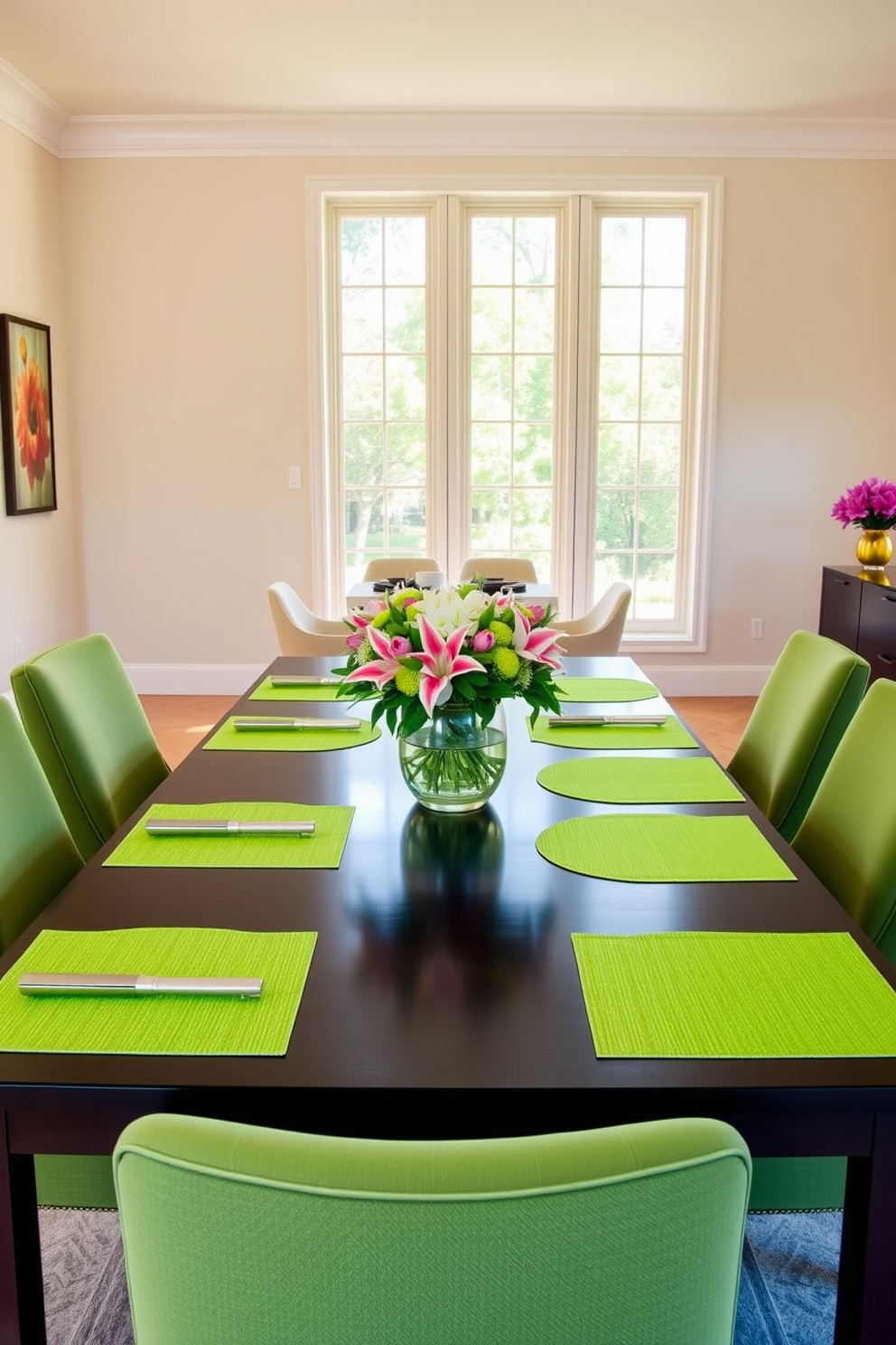 Bright green placemats are set on a sleek dark wooden dining table, creating a vibrant contrast against the rich hues of the surrounding decor. The walls are painted in a soft, neutral tone, and large windows allow natural light to flood the space, enhancing the lively atmosphere. Surrounding the table are elegant upholstered chairs in a complementary shade, adding comfort and style to the dining area. A stunning centerpiece of fresh flowers in a glass vase sits atop the table, tying the design together with a touch of nature.