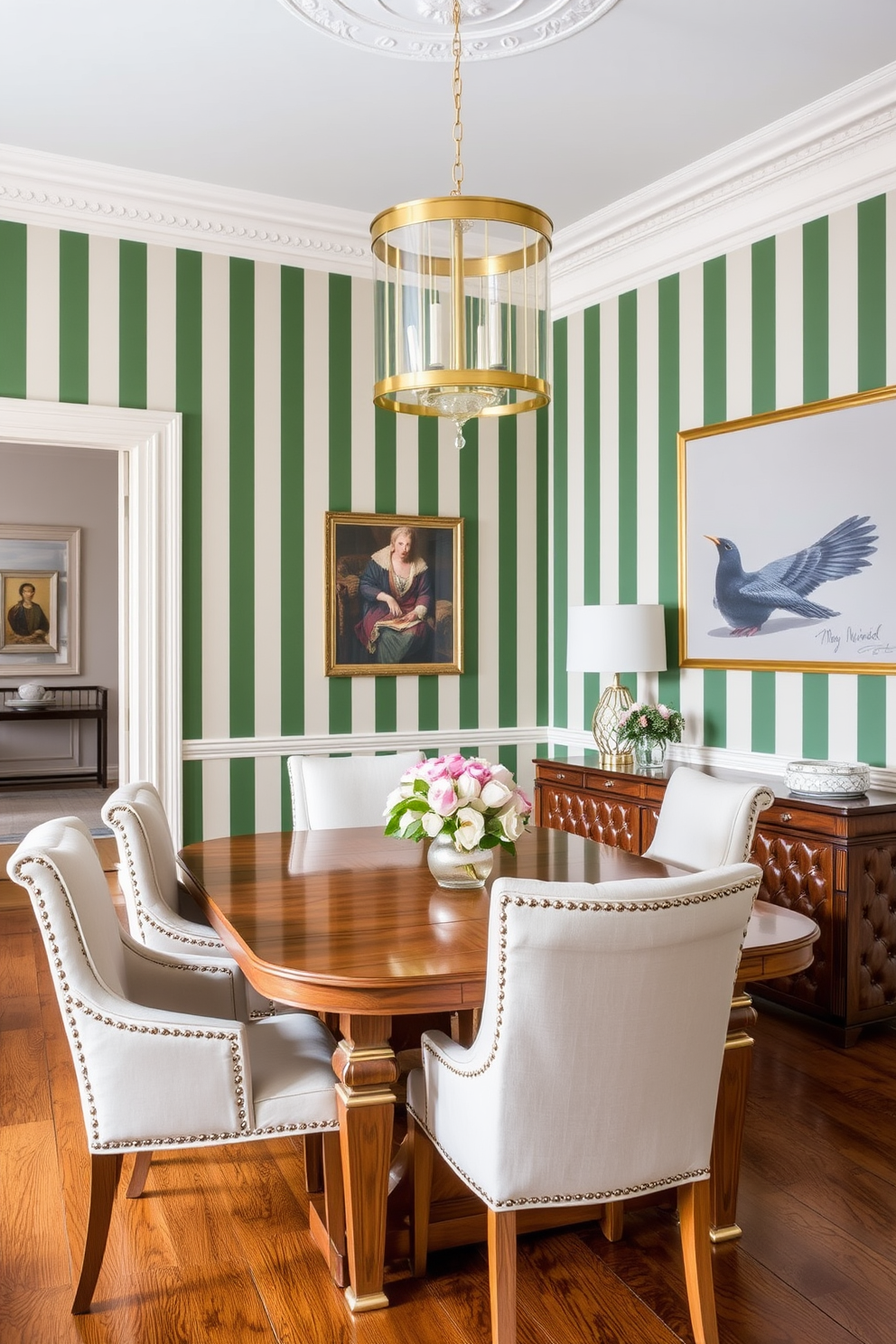 A stylish dining room featuring green and white striped wallpaper that adds depth and character to the space. The room includes a large wooden dining table surrounded by elegant upholstered chairs, creating a warm and inviting atmosphere.