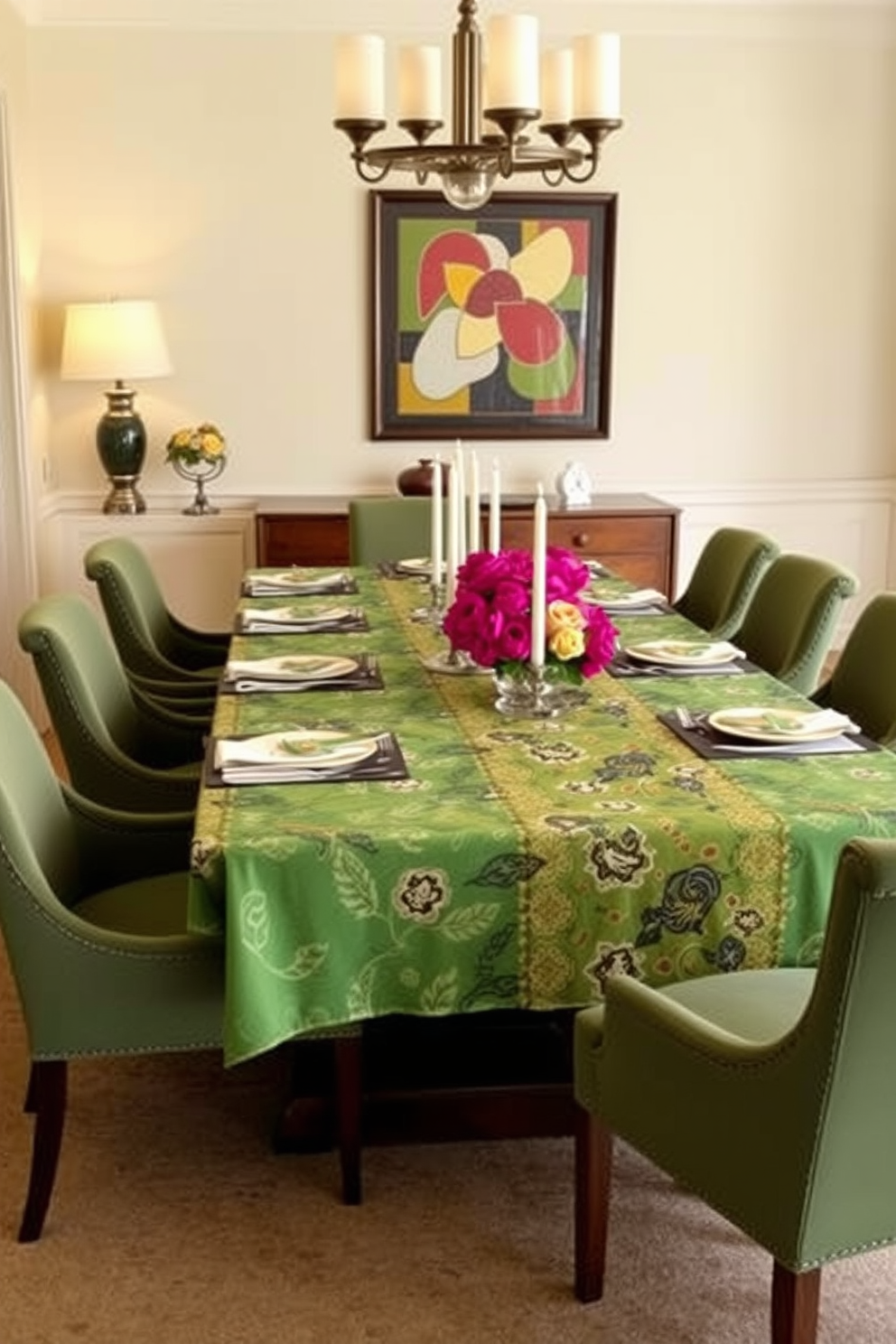 A vibrant green dining room adorned with botanical wallpaper that features lush tropical leaves and colorful flowers. The space is furnished with vintage wooden chairs and a rustic dining table, creating a warm and inviting atmosphere.