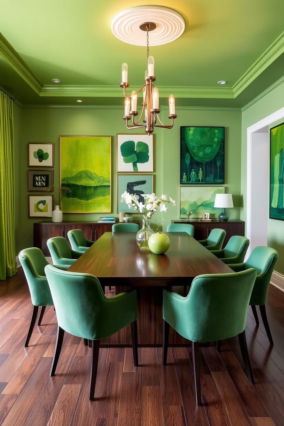 A modern dining room featuring an elegant green color palette. The space includes a large wooden dining table surrounded by sleek green upholstered chairs. On the walls, various modern art pieces in shades of green are displayed, adding a vibrant touch. A stylish chandelier hangs above the table, casting a warm glow over the room.