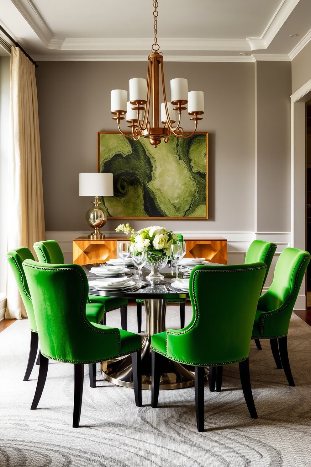 A vibrant dining room featuring bold green accent chairs that create a striking contrast against a neutral backdrop. The table is elegantly set with fine china and surrounded by soft lighting that enhances the inviting atmosphere.