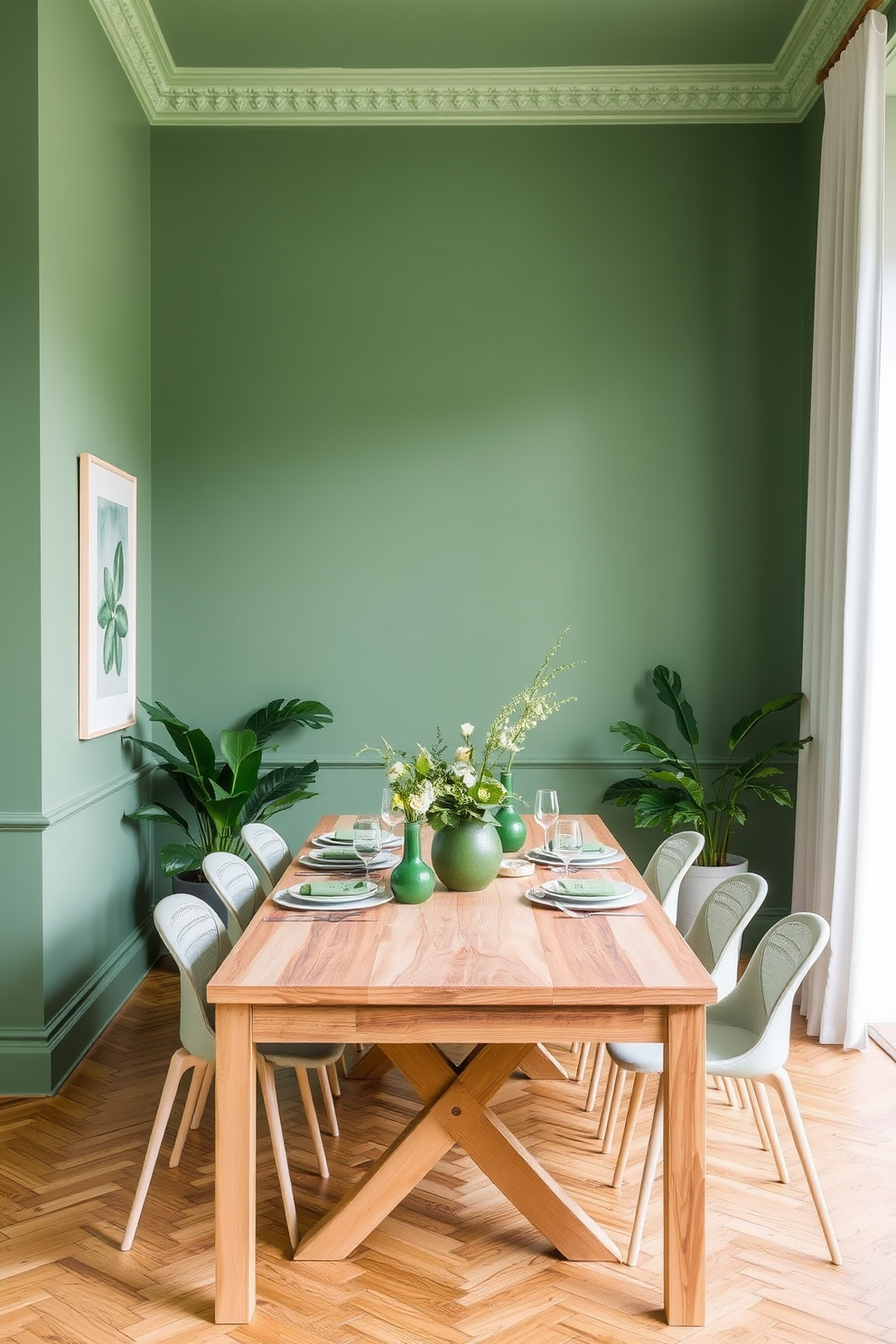 A dark green dining room features elegant white wainscoting that adds a touch of sophistication. A large wooden dining table is centered in the room, surrounded by plush upholstered chairs in a complementary shade. A stunning chandelier hangs from the ceiling, providing warm ambient lighting that enhances the rich color palette. Decorative wall art and a large mirror reflect the light, creating an inviting atmosphere perfect for gatherings.