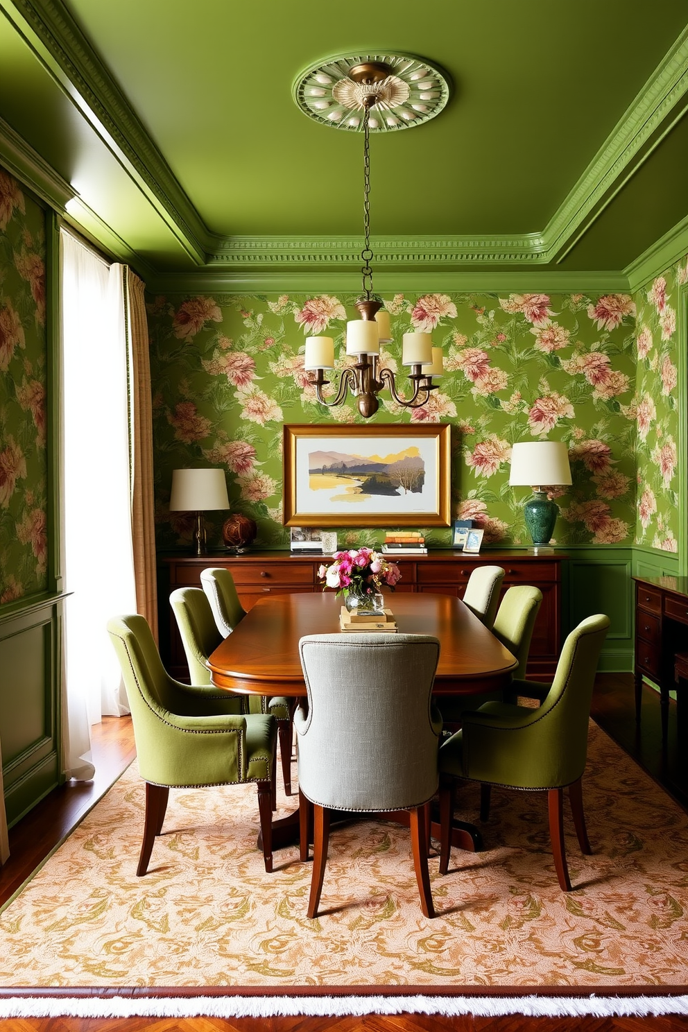 A cozy dining room featuring olive green curtains that softly frame the windows, allowing natural light to filter through. The walls are painted in a warm neutral tone, complementing the rich green of the curtains and creating an inviting atmosphere. A large wooden dining table sits at the center, surrounded by upholstered chairs in a complementary fabric. A statement chandelier hangs above the table, adding elegance and warmth to the space.