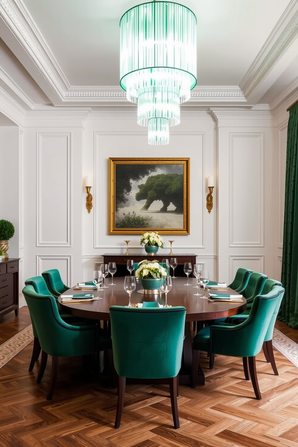 A stunning dining room featuring a statement light fixture in an emerald hue that draws the eye upward. The walls are painted in a soft white, providing a crisp contrast to the rich green accents throughout the space. A large wooden dining table sits at the center, surrounded by plush green upholstered chairs that invite comfort. Elegant table settings with gold cutlery and crystal glassware enhance the sophisticated ambiance of the room.