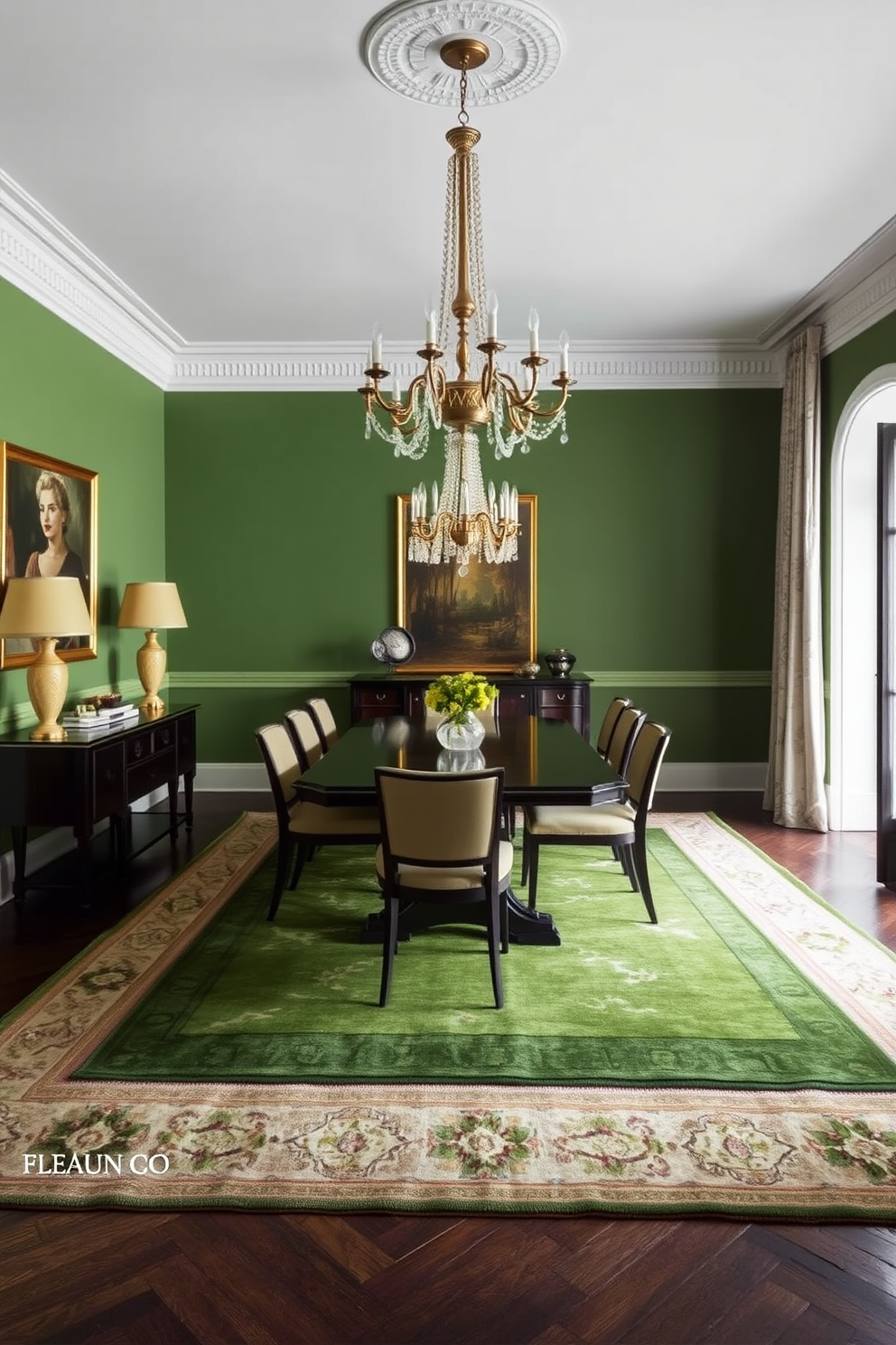 A green dining room features layered rugs that add depth and texture to the space. The dining table is surrounded by elegant chairs, and a statement chandelier hangs above, enhancing the room's sophisticated ambiance.