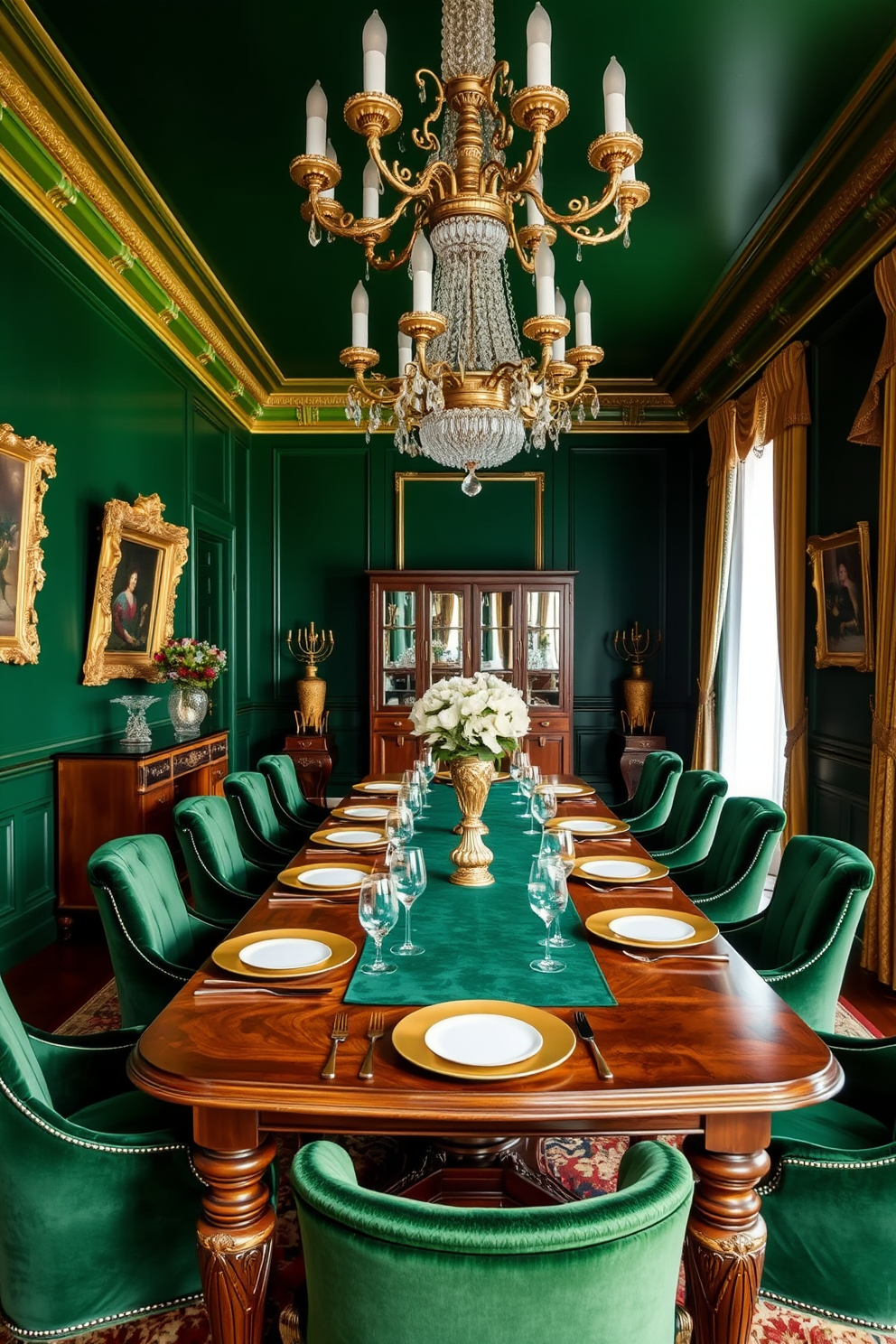 A luxurious dining room featuring a green and gold color palette. The walls are painted a deep emerald green, complemented by gold accents in the form of a stunning chandelier and elegant picture frames. A long wooden dining table is adorned with a rich green tablecloth, set with gold-rimmed dinnerware. Plush green velvet chairs surround the table, adding a touch of sophistication and comfort to the space.