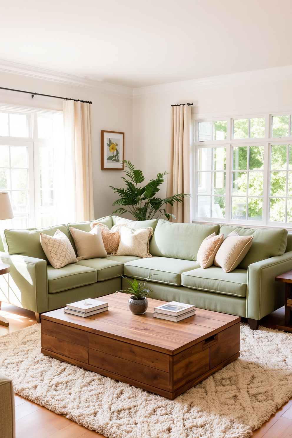 A cozy sage green sectional sofa is positioned in the center of a bright family room creating a warm and inviting atmosphere. Surrounding the sofa, there are soft throw pillows in various textures and a plush area rug that complements the color scheme. Natural light floods the room through large windows adorned with light, airy curtains. A wooden coffee table sits in front of the sofa, adorned with decorative books and a small plant for a touch of greenery.