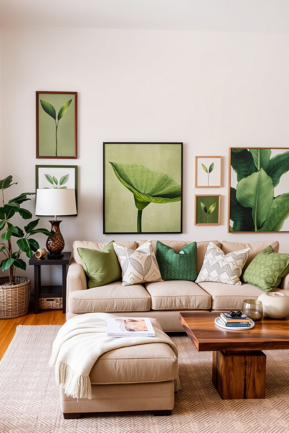 A cozy family room filled with earthy green art pieces adorning the walls. The space features a plush sectional sofa in a neutral tone, complemented by a wooden coffee table and soft, textured throw pillows.