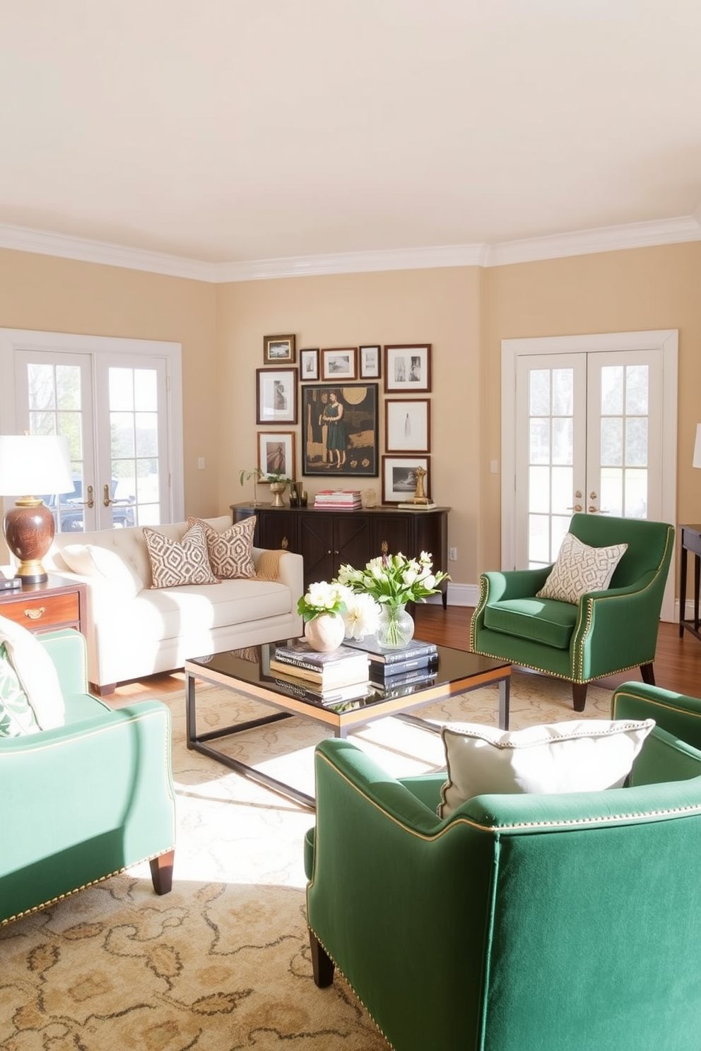 A cozy family room with neutral beige walls that create a warm and inviting atmosphere. The space features green decor elements such as plush cushions, a vibrant area rug, and potted plants that bring a refreshing touch of nature indoors. A comfortable sectional sofa is positioned in the center, adorned with an assortment of green and beige throw pillows. A wooden coffee table sits in front, complemented by a stylish floor lamp that adds soft lighting to the room.