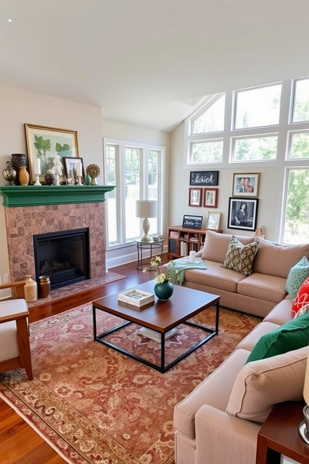 A bold green fireplace mantel is adorned with an array of decorative items including candles, vases, and framed photographs. The family room features a plush sectional sofa in neutral tones, complemented by colorful throw pillows that echo the green of the mantel. Large windows allow natural light to flood the space, highlighting the rich textures of the area rug and the warm wood tones of the furniture. A stylish coffee table sits in the center, surrounded by cozy seating arrangements that invite family gatherings and relaxation.