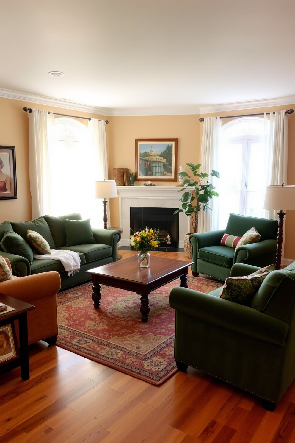 A cozy family room featuring warm beige walls that create a welcoming atmosphere. The space is accented with forest green furniture, including a plush sofa and armchairs, complemented by soft throw pillows. Natural light floods the room through large windows adorned with sheer white curtains. A wooden coffee table sits in the center, surrounded by a patterned area rug that ties the colors together.