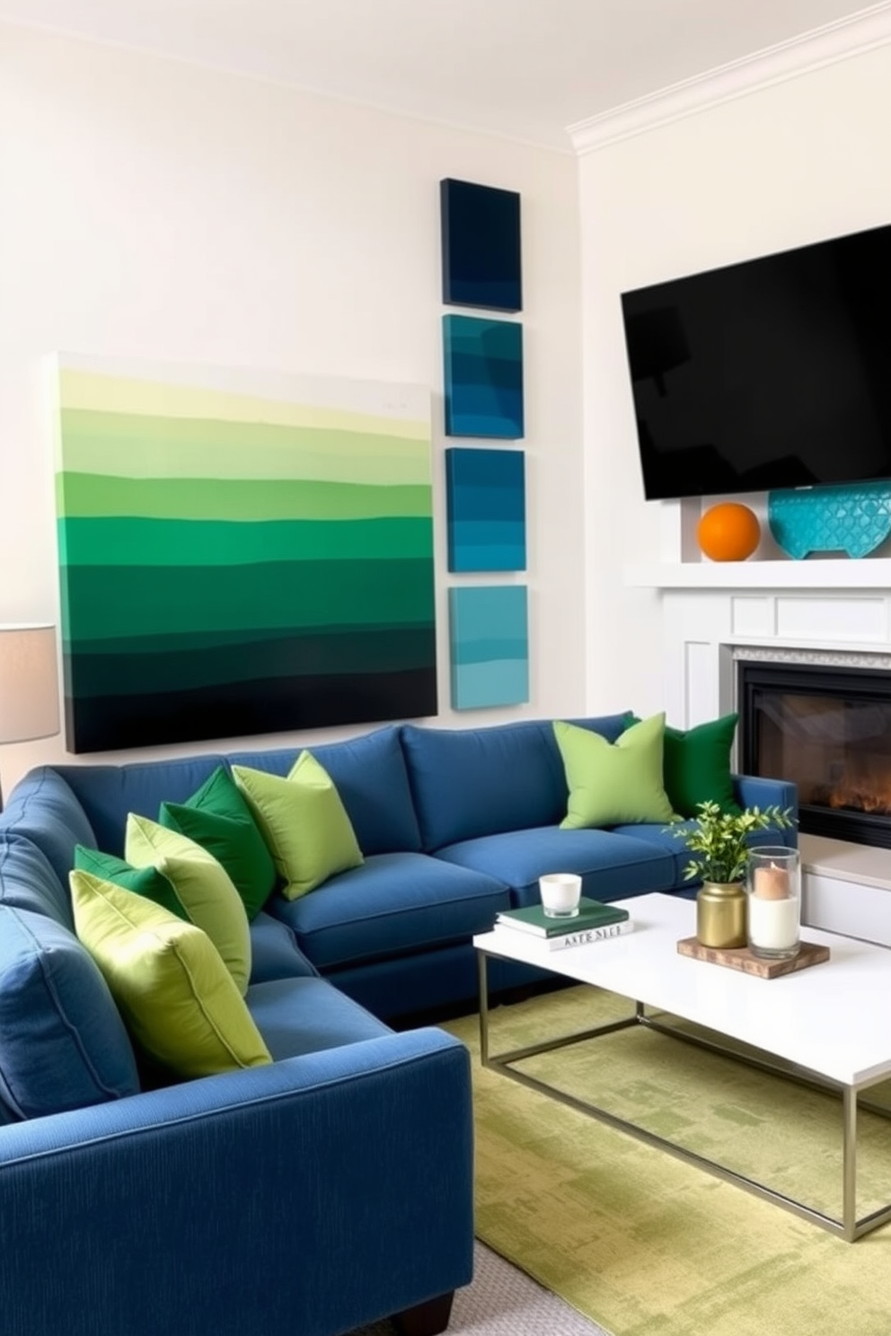 A stylish family room featuring green and blue ombre accent decor. The walls are painted in a soft neutral tone, allowing the vibrant ombre accents to stand out beautifully. A plush sectional sofa in shades of blue is paired with green throw pillows for a cohesive look. A modern coffee table sits at the center, adorned with decorative books and a small plant for a touch of nature.