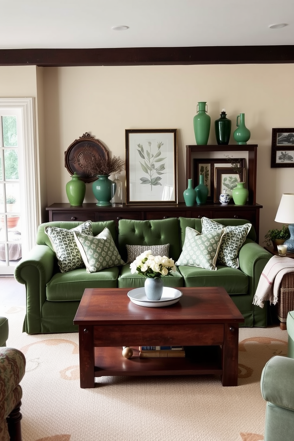 A cozy family room filled with vintage green decor items that exude charm. The space features a plush green velvet sofa adorned with patterned throw pillows and a reclaimed wood coffee table at the center. The walls are painted in a soft cream color, creating a warm backdrop for the vintage green accents. A collection of antique green vases and framed botanical prints add character and personality to the room.