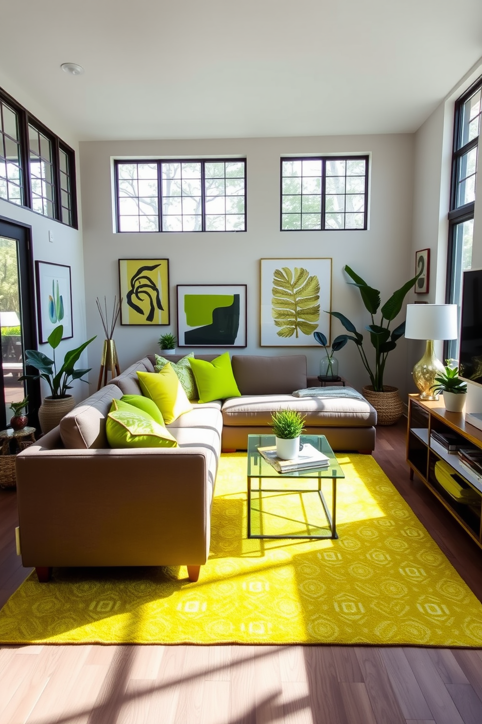 Bright lime green decorative accents create a vibrant atmosphere in the family room. The space features a plush sectional sofa adorned with lime green throw pillows and a stylish area rug that complements the color scheme. Natural light floods the room through large windows, highlighting the fresh green hues. A mix of modern art pieces and indoor plants adds character and warmth to the overall design.